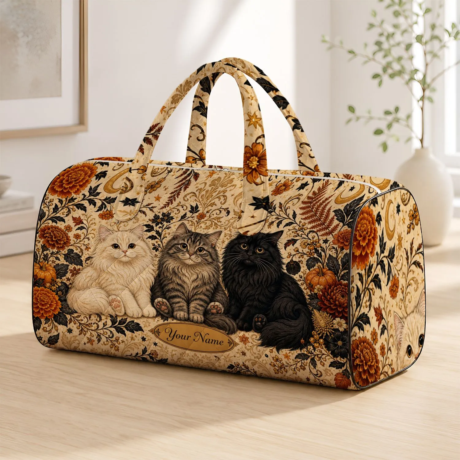 Cozy Halloween Woodland Cats With Autumn Florals For Fall Travel Cat Lovers Gift Quilted Weekend Bag - 1