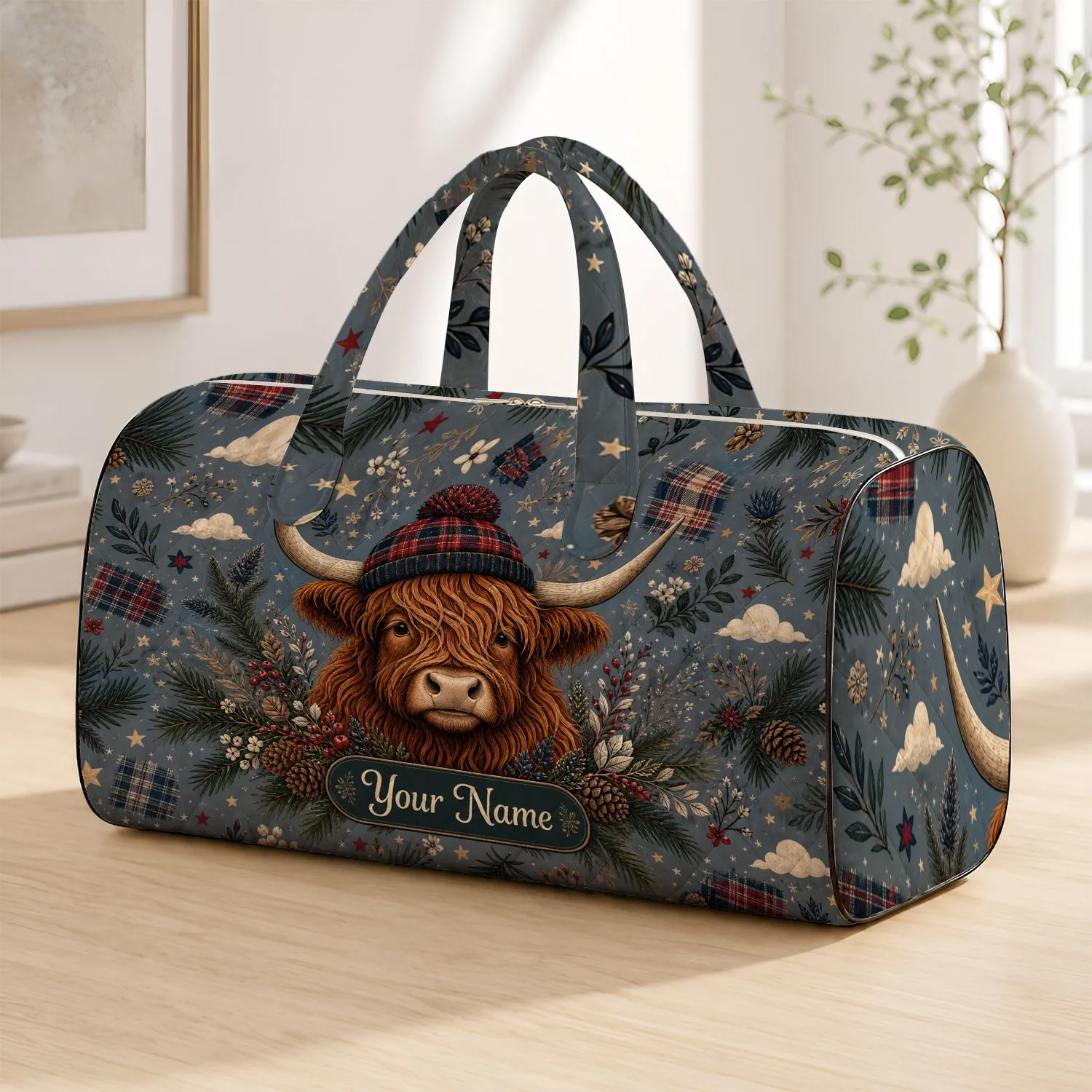 Highland Cow With Pine Boughs Gray Blue Tartan Winter Travel Gift For Rustic Women Quilted Weekend Bag - 1