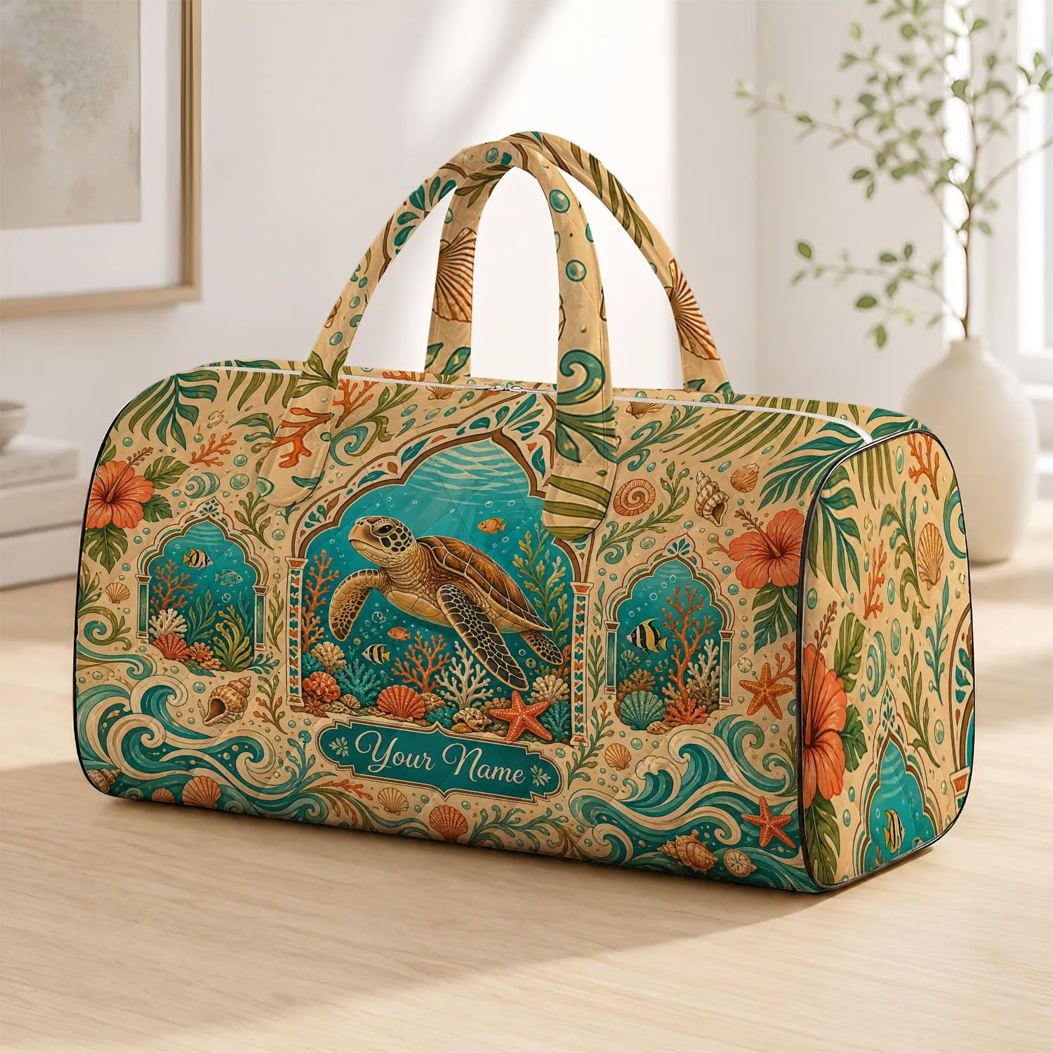 Tropical Sea Turtle Arched Lagoon Coastal Boho Beach Vacation Gift For Women Travelers Quilted Weekend Bag - 1