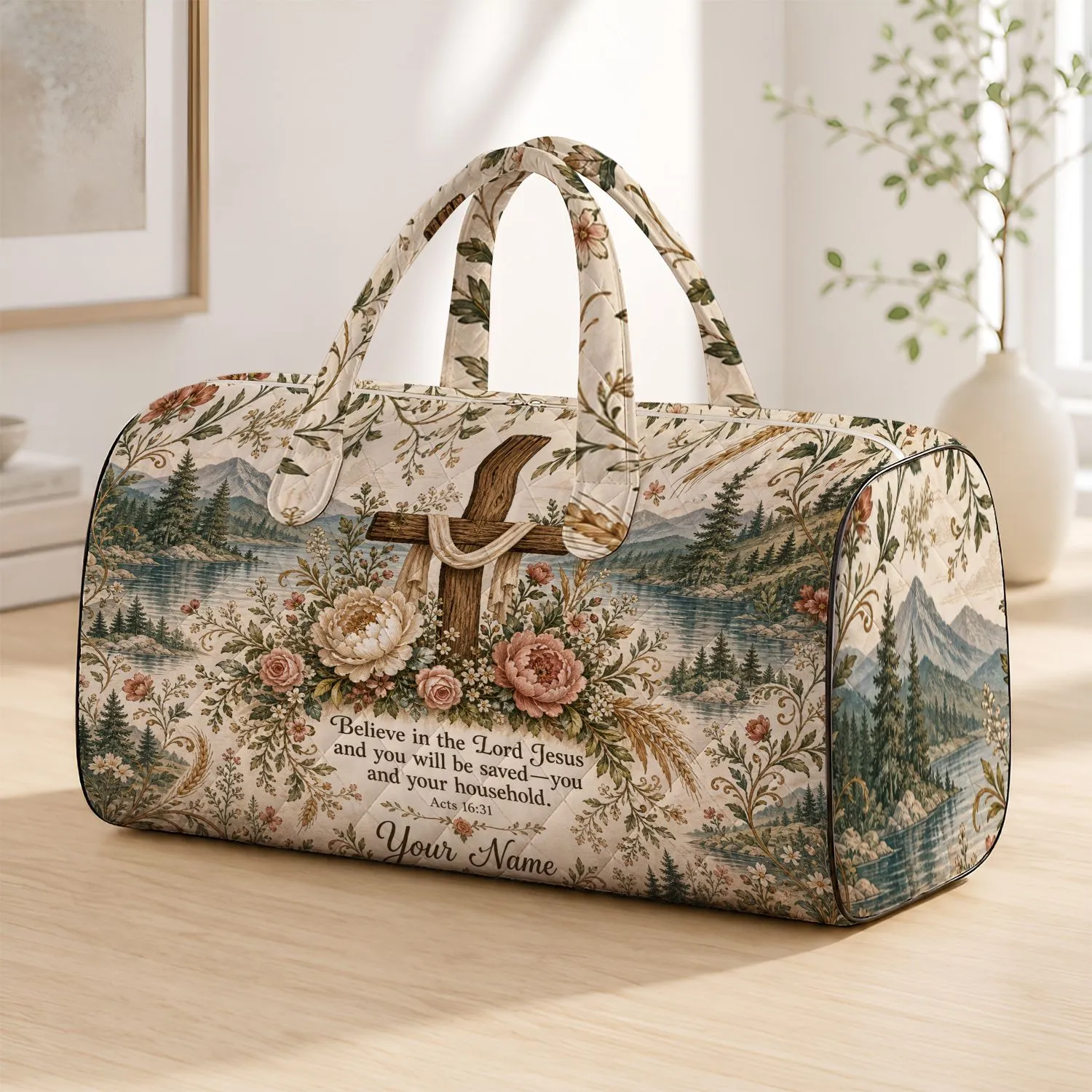 Rustic Floral Cross And Mountain Lake Scripture Faith Travel Gift For Christian Women Quilted Weekend Bag - 1