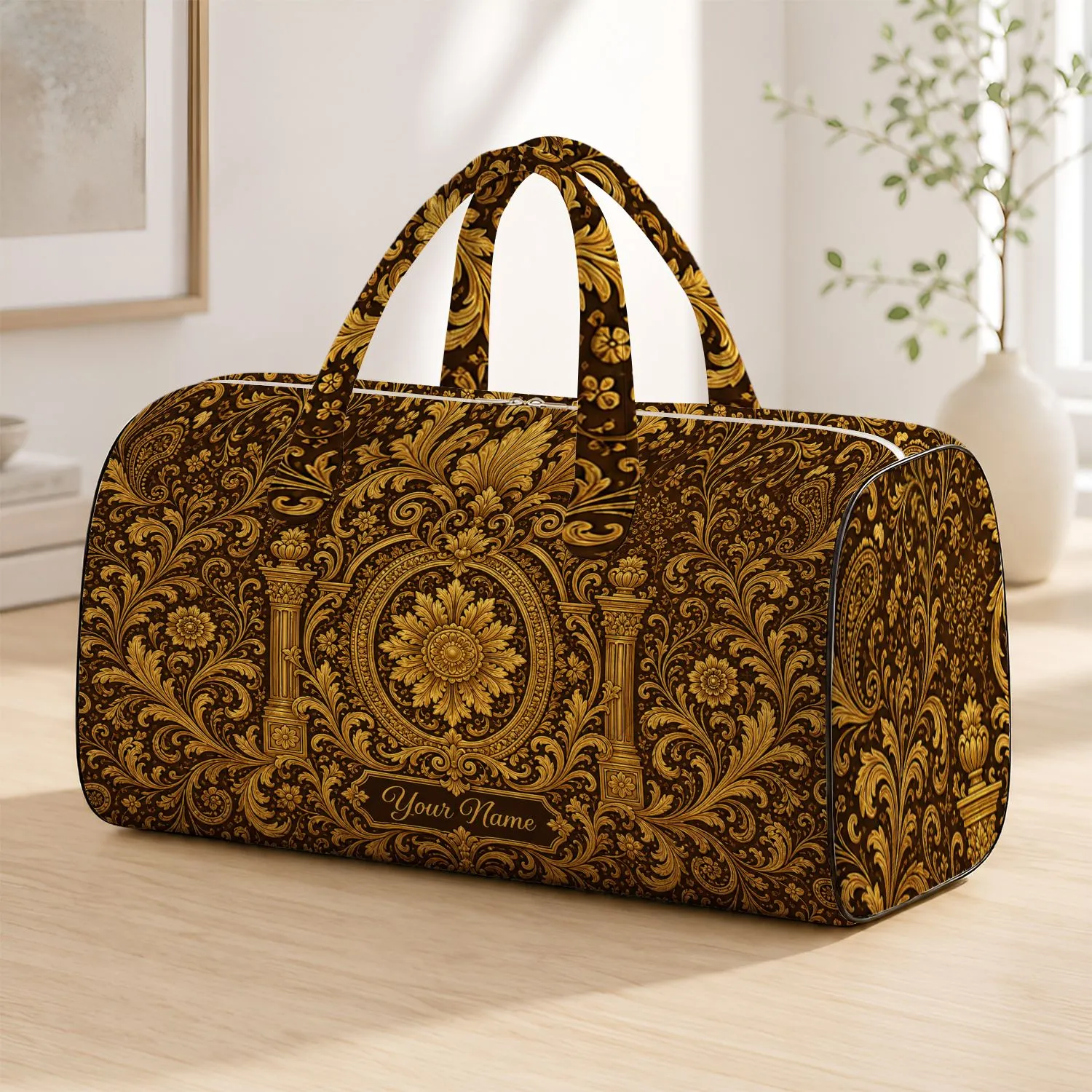 Antique Gold Baroque Filigree Medallion For Luxury Travel, Gym, Beach, And Getaways Quilted Weekend Bag - 1
