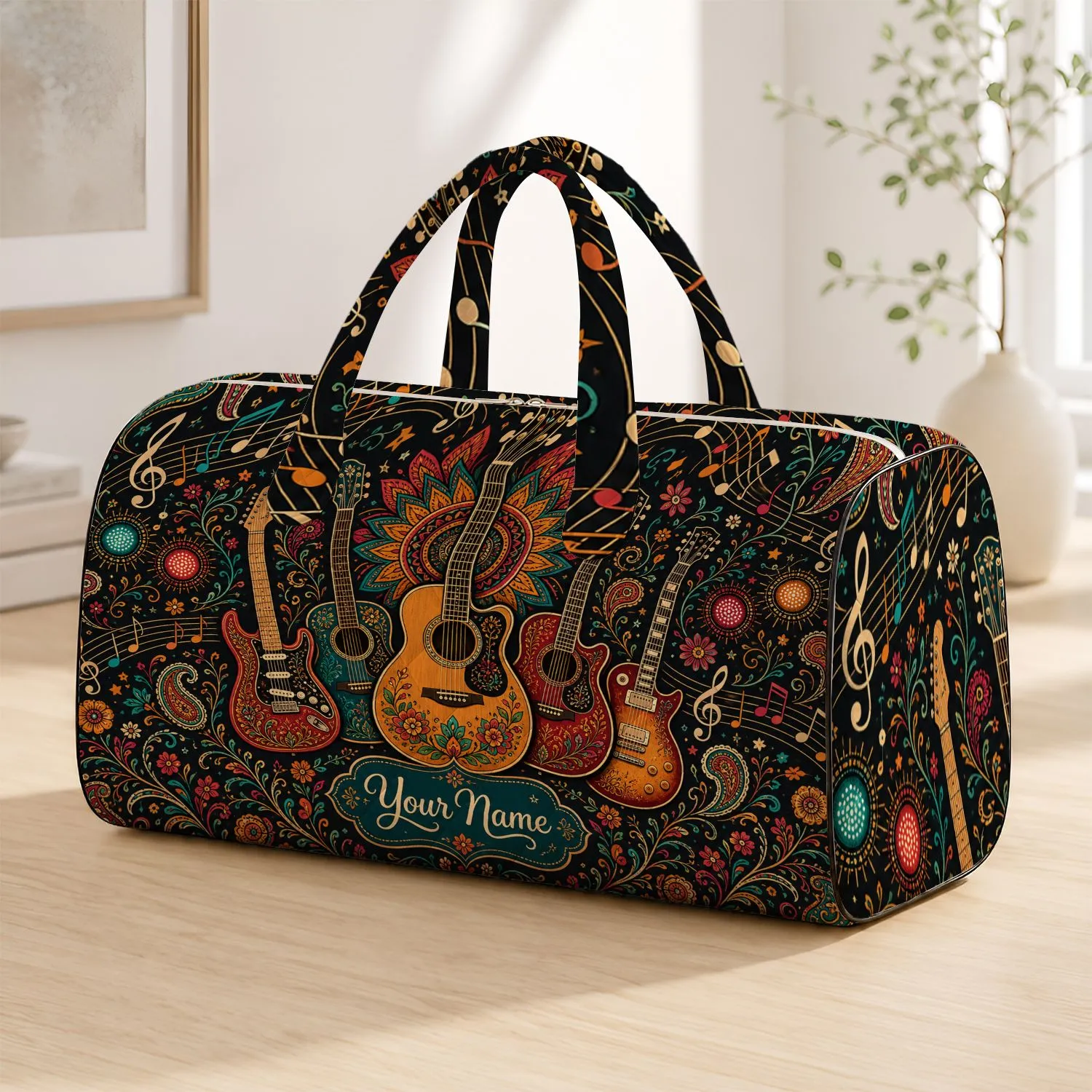 Boho Music Festival Guitars With Folk Florals For Concert Travel And Road Trip Lovers Quilted Weekend Bag - 1