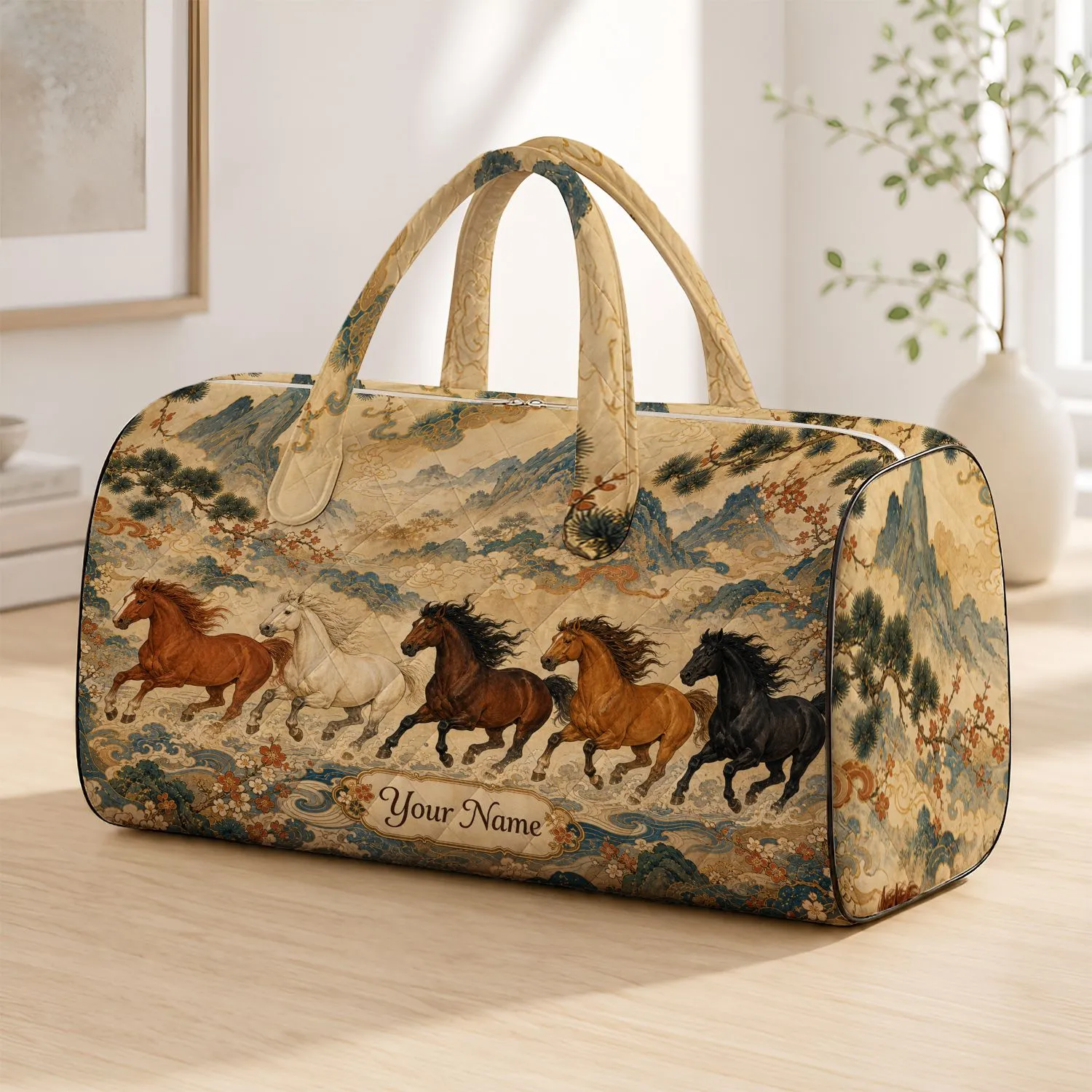 Galloping Horses With East Asian Mountains For Heritage Travel Style And Equestrians Quilted Weekend Bag - 1