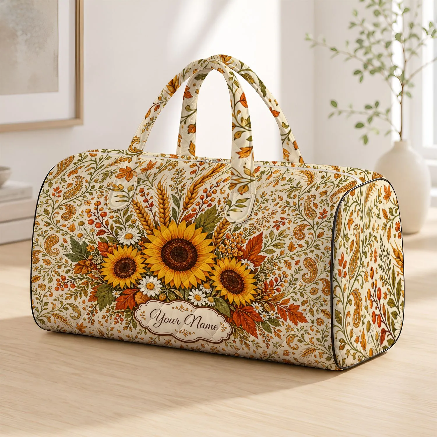 Autumn Sunflower Wheat Bouquet With Ivory Nameplate For Fall Travel And Harvest Gifts Quilted Weekend Bag - 1