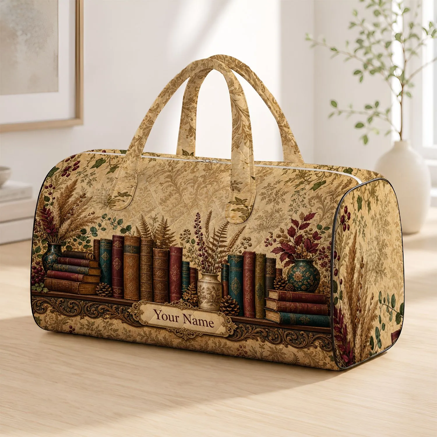 European Vintage Library Books With Dried Botanicals For Elegant Getaway Decor Style Quilted Weekend Bag - 1