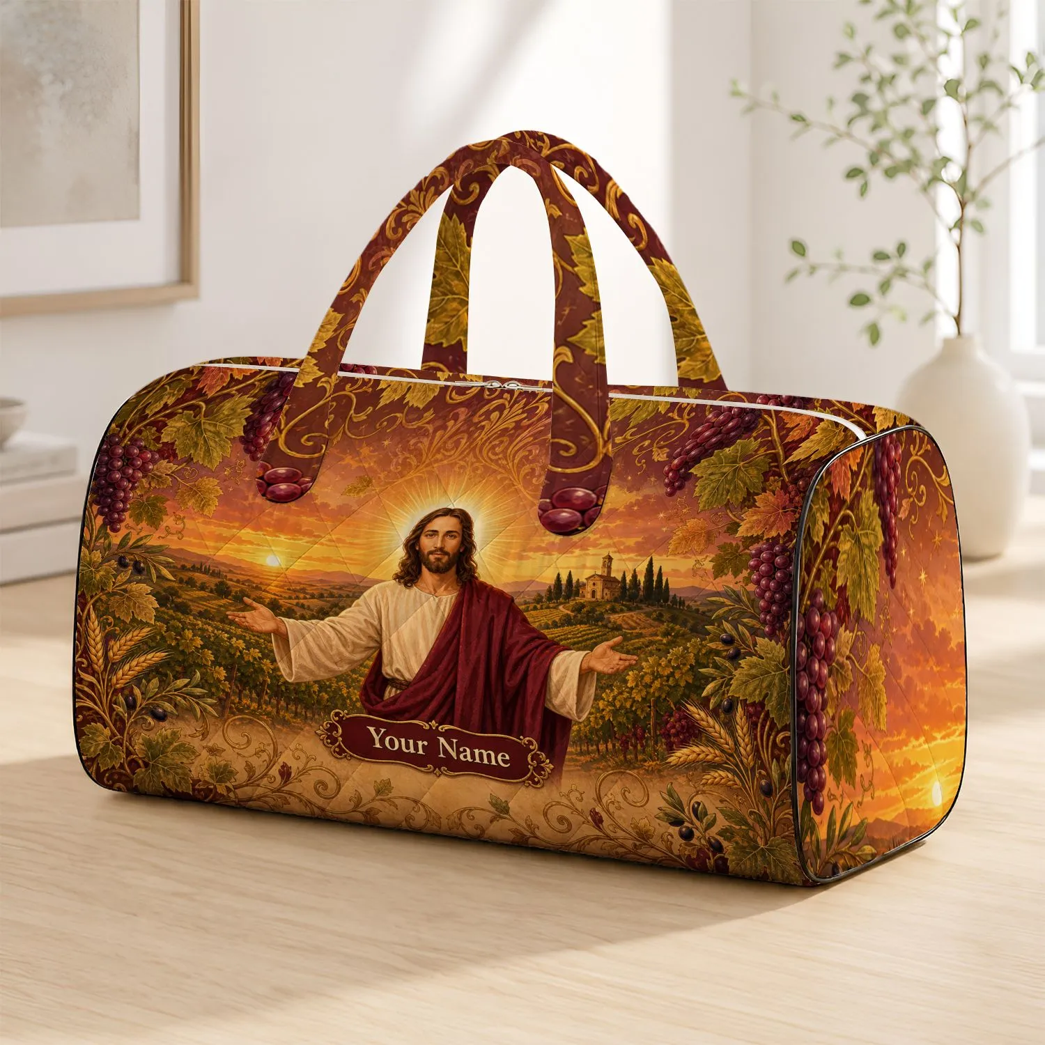 Jesus Shepherd Vineyard Sunset With Grapes For Christian Retreats And Faith Travel Quilted Weekend Bag - 1