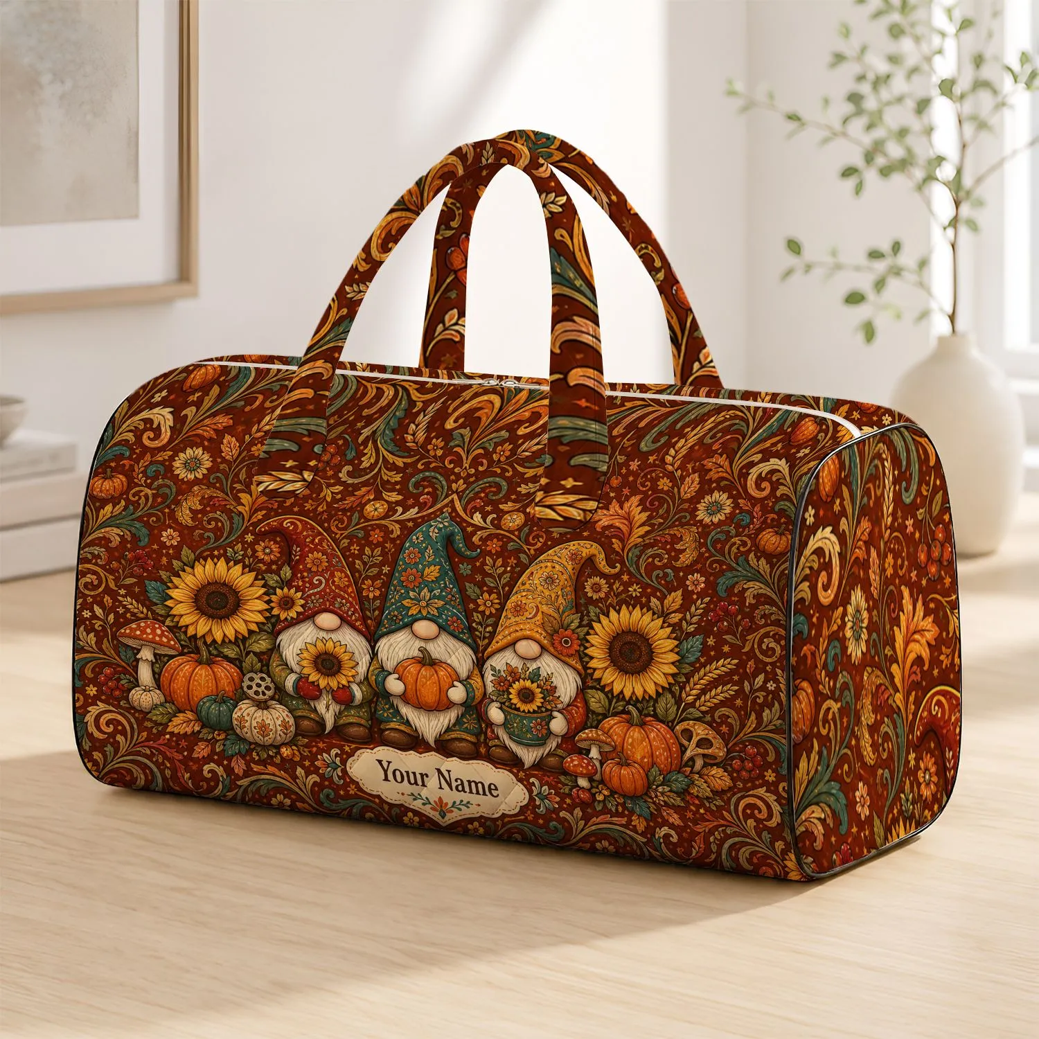 Harvest Gnomes And Sunflowers Autumn Boho Folk Art Fall Festival Getaway Style For Women Quilted Weekend Bag - 1