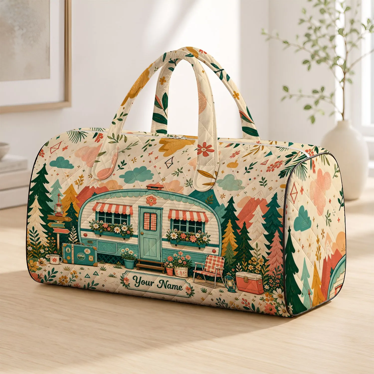 Retro Camper Cabin With Daisies And Evergreens For Camping Trips And Road Getaways Quilted Weekend Bag - 1