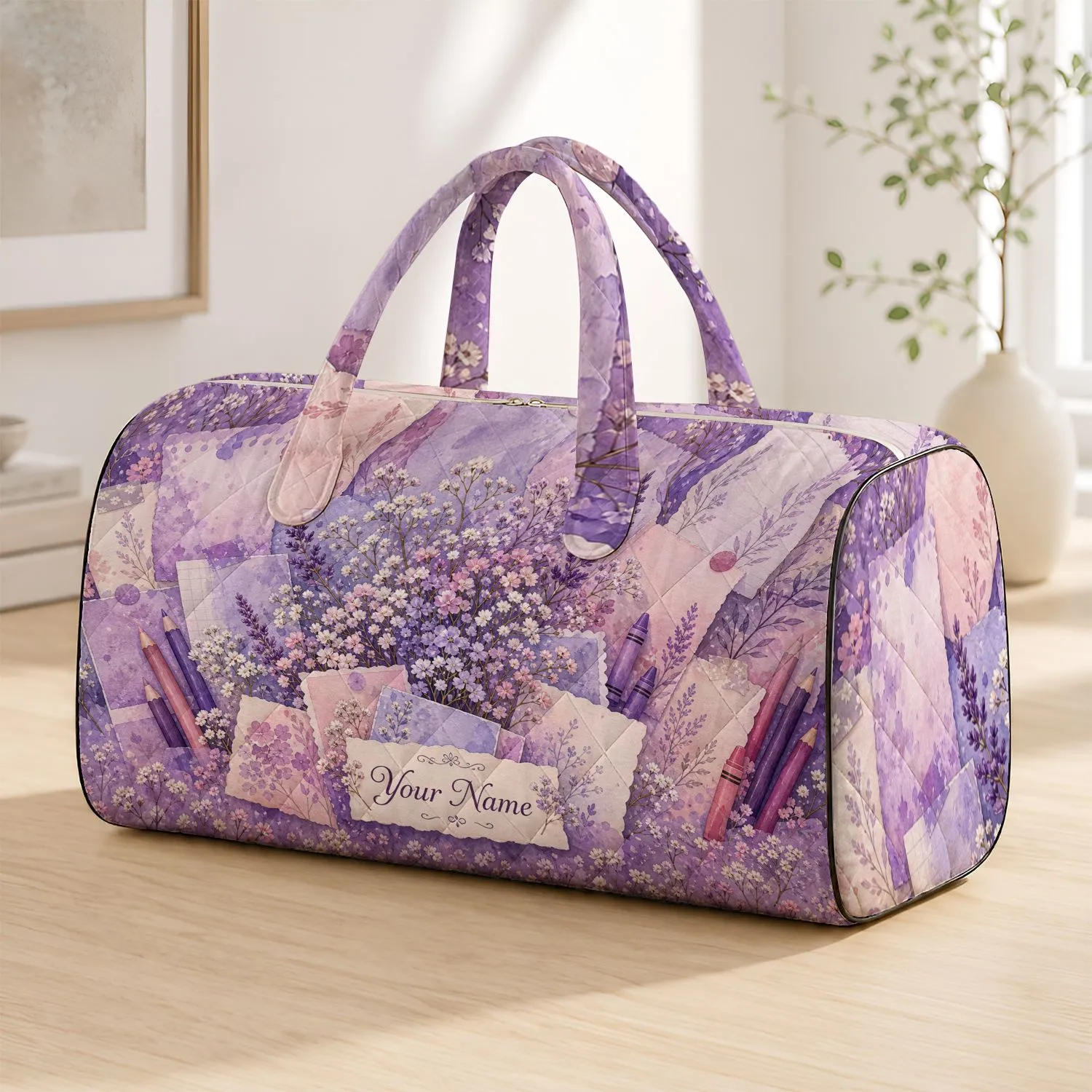 Lavender Watercolor Stationery Garden Collage For Overnight Trips And Bridesmaids Quilted Weekend Bag - 1