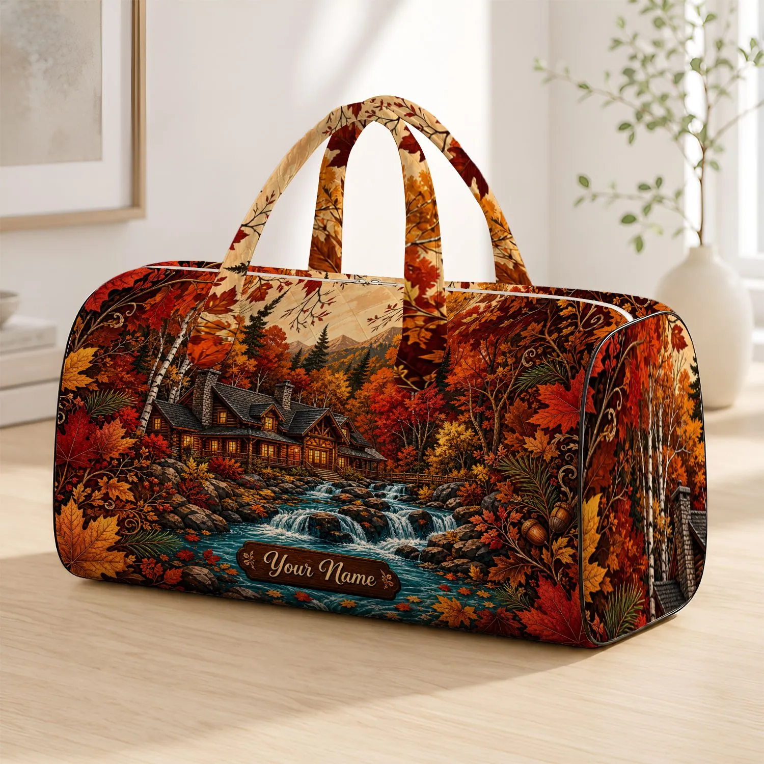Autumn Forest Lodge Waterfall Leaves Rustic Travel Retreat Gift For Nature Lovers Quilted Weekend Bag - 1