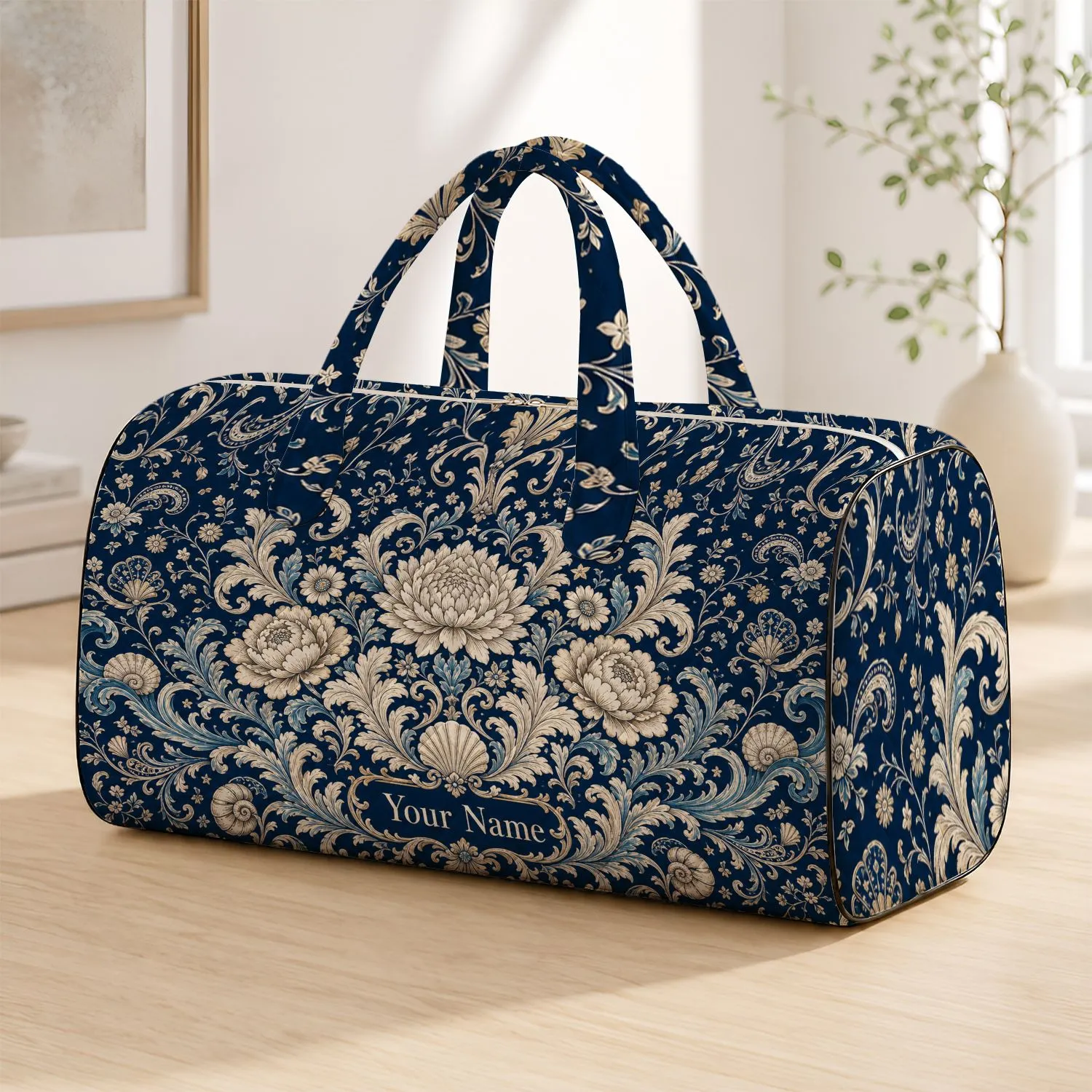 Navy Ivory Botanical Damask Floral Medallion For Coastal Resort Vacations Women Style Quilted Weekend Bag - 1