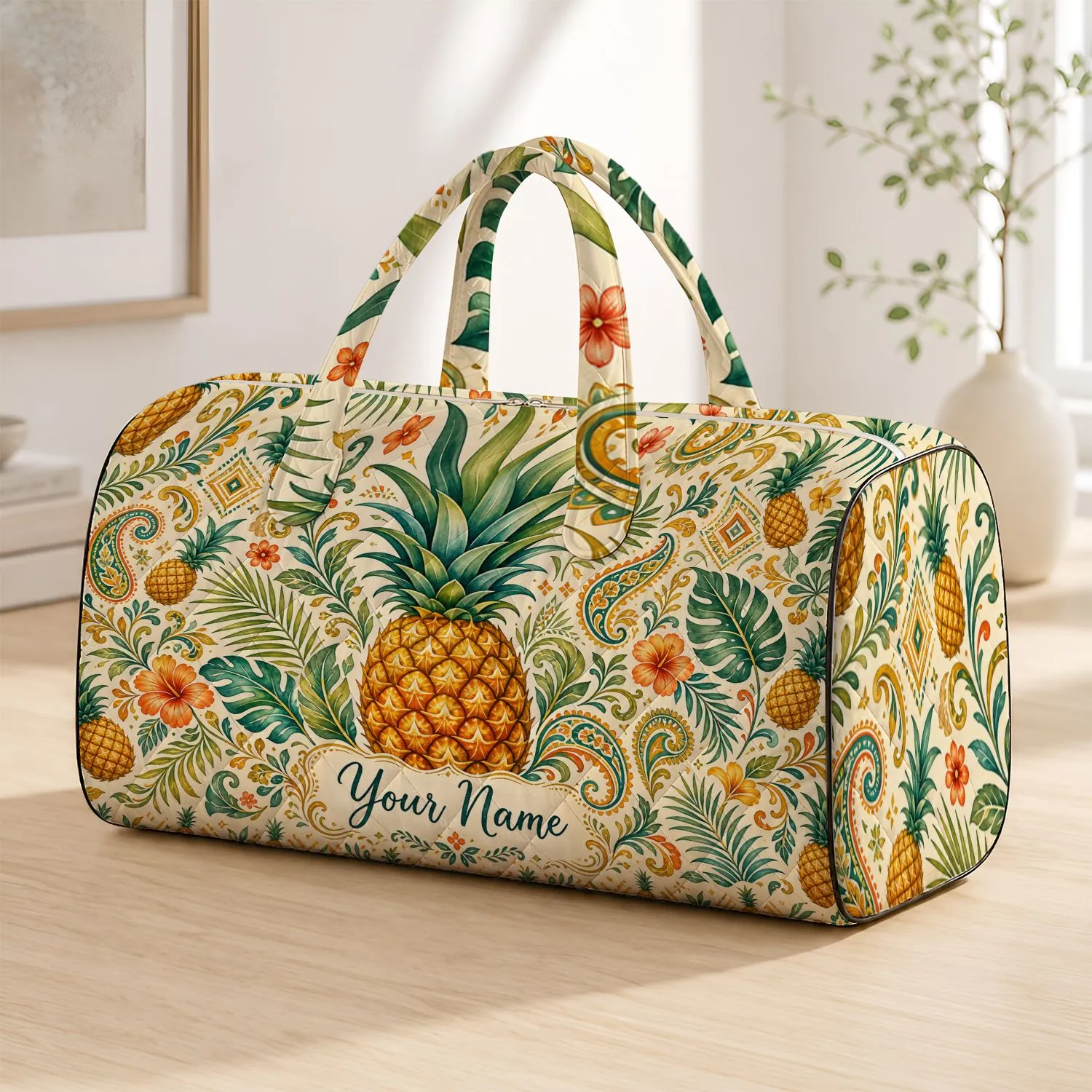 Golden Pineapple Tropical Boho Palm Florals For Beach Vacation Resort Travel Lovers Quilted Weekend Bag - 1
