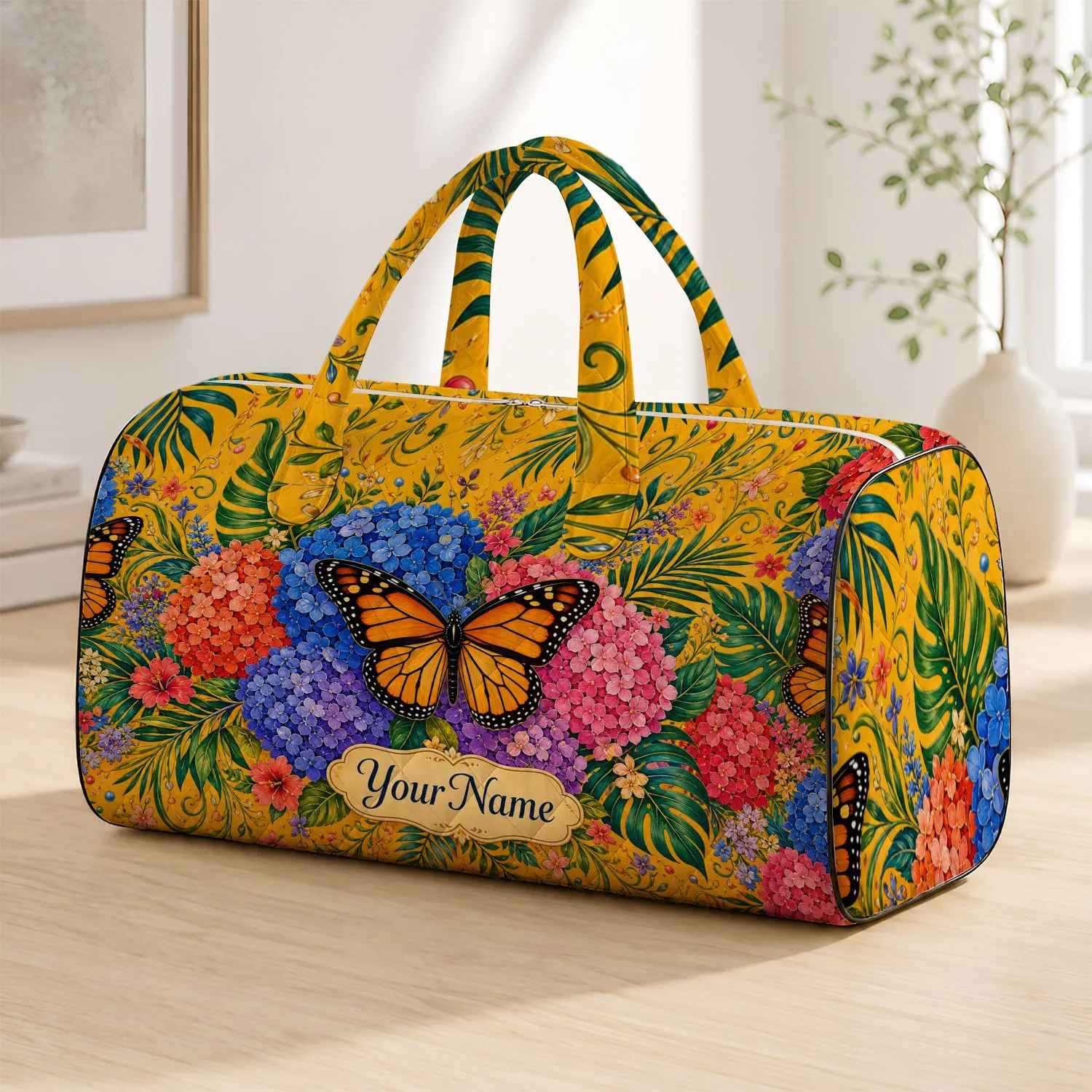 Monarch Butterfly Hydrangea Garden Floral Travel Carryall For Summer Getaway Trips Quilted Weekend Bag - 1