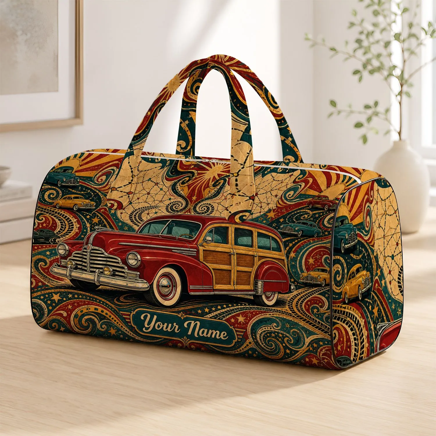 Vintage 1940s Luxury Car Americana Road Trip Retro Travel Gift For Classic Auto Fans Quilted Weekend Bag - 1