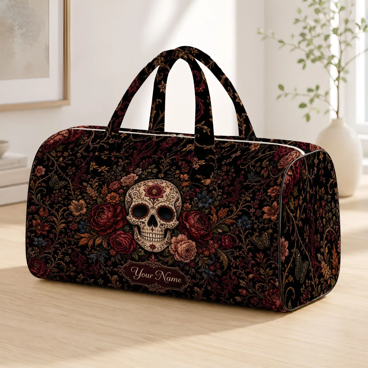 Gothic Sugar Skull With Crimson Roses Dark Floral Halloween Travel Romance For Women Quilted Weekend Bag - 1