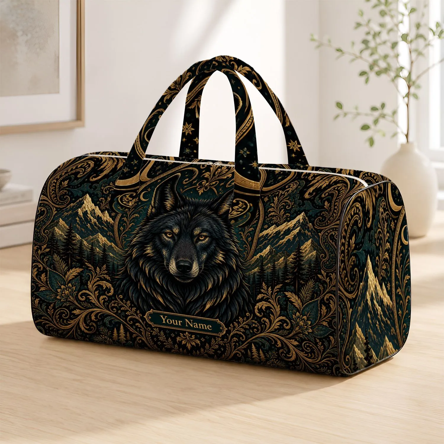 Majestic Black Wolf Portrait With Gold Teal Wilderness Motifs For Travel And Gym Quilted Weekend Bag - 1
