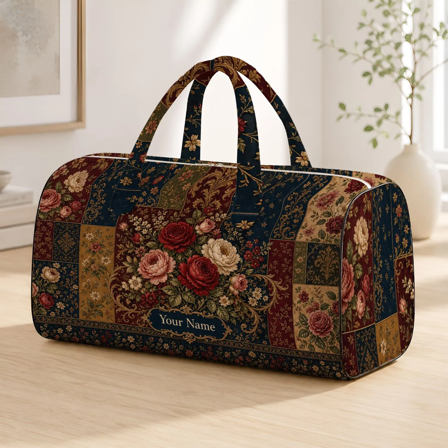 Vintage Garden Patchwork Florals With Name Plaque For Luxe Travel Style For Women Quilted Weekend Bag - 1
