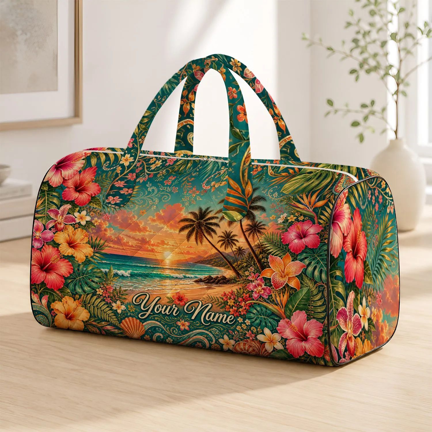 Bohemian Tropical Sunset Palms Hibiscus Ocean Waves For Beach Vacation Cruise Women Quilted Weekend Bag - 1