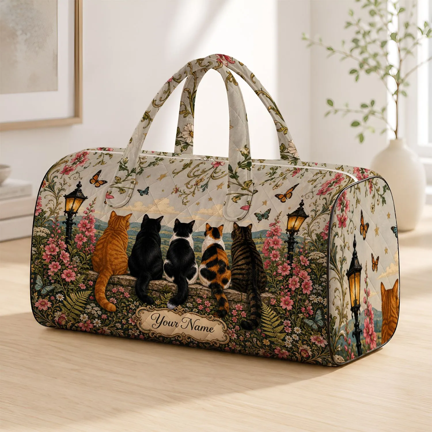 Retro Five Cats With Wildflowers And Lampposts For Countryside Travel Gifts For Cat Lovers Quilted Weekend Bag - 1