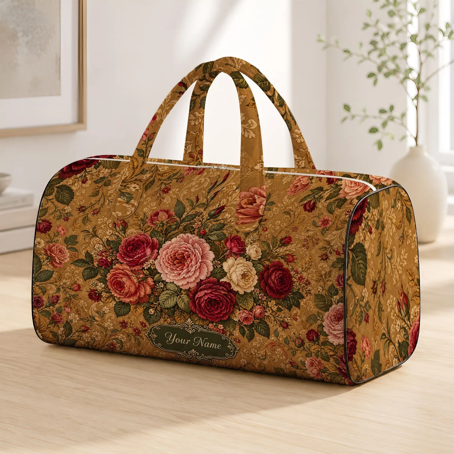 Retro Rose Garden Florals With Olive Cartouche For Autumn Holiday Travel Gifts For Her Quilted Weekend Bag - 1