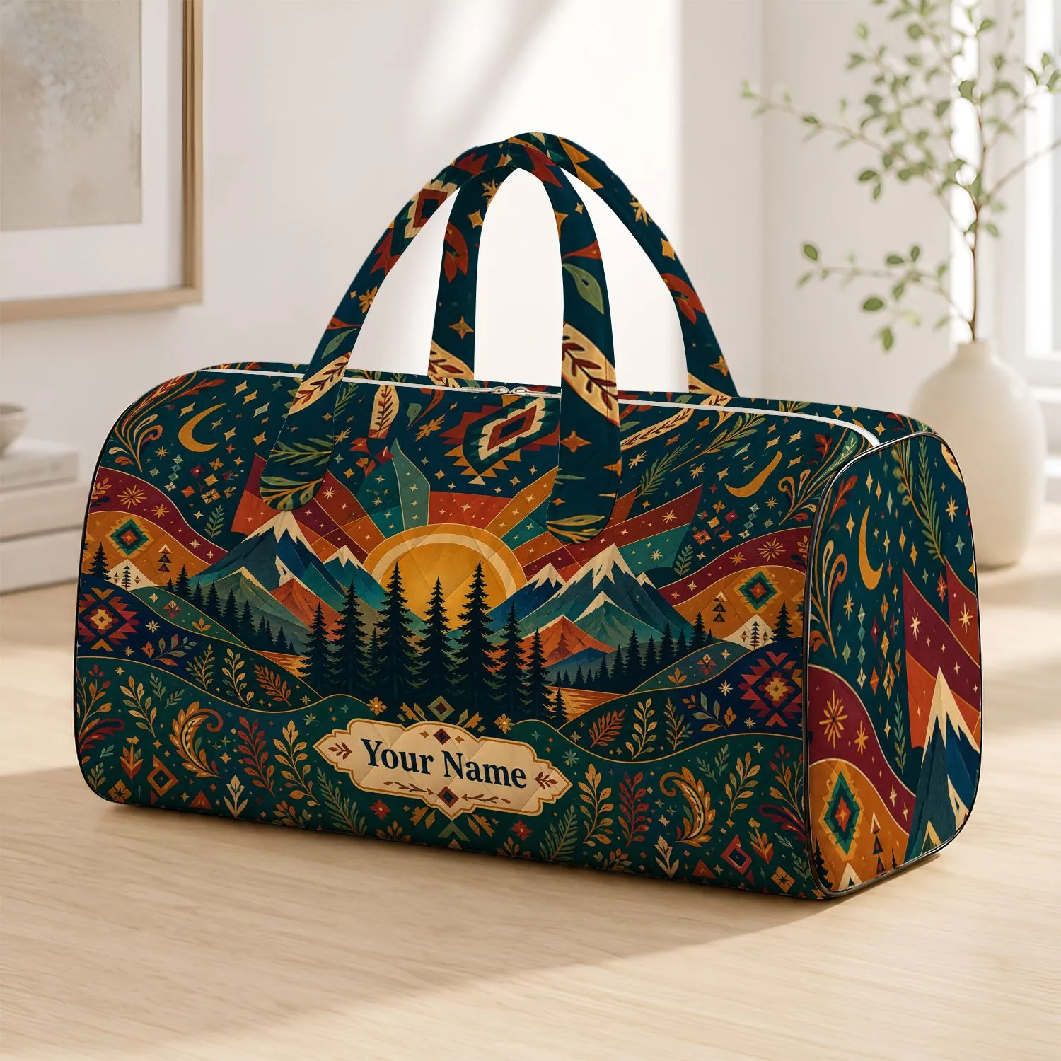 Bohemian Sunset Mountains With Pine Forest For Camping Hiking And Road Trip Lovers Quilted Weekend Bag - 1
