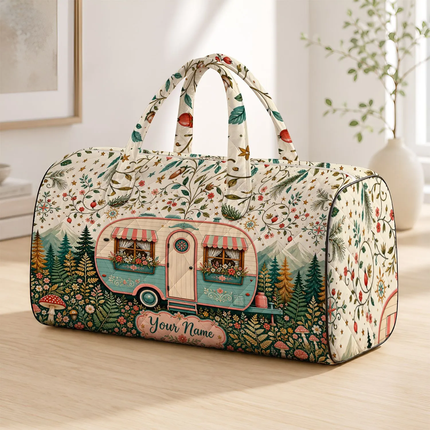 Cozy Retro Camper Cottage With Wildflowers For Camping Getaways And Travel Lovers Quilted Weekend Bag - 1