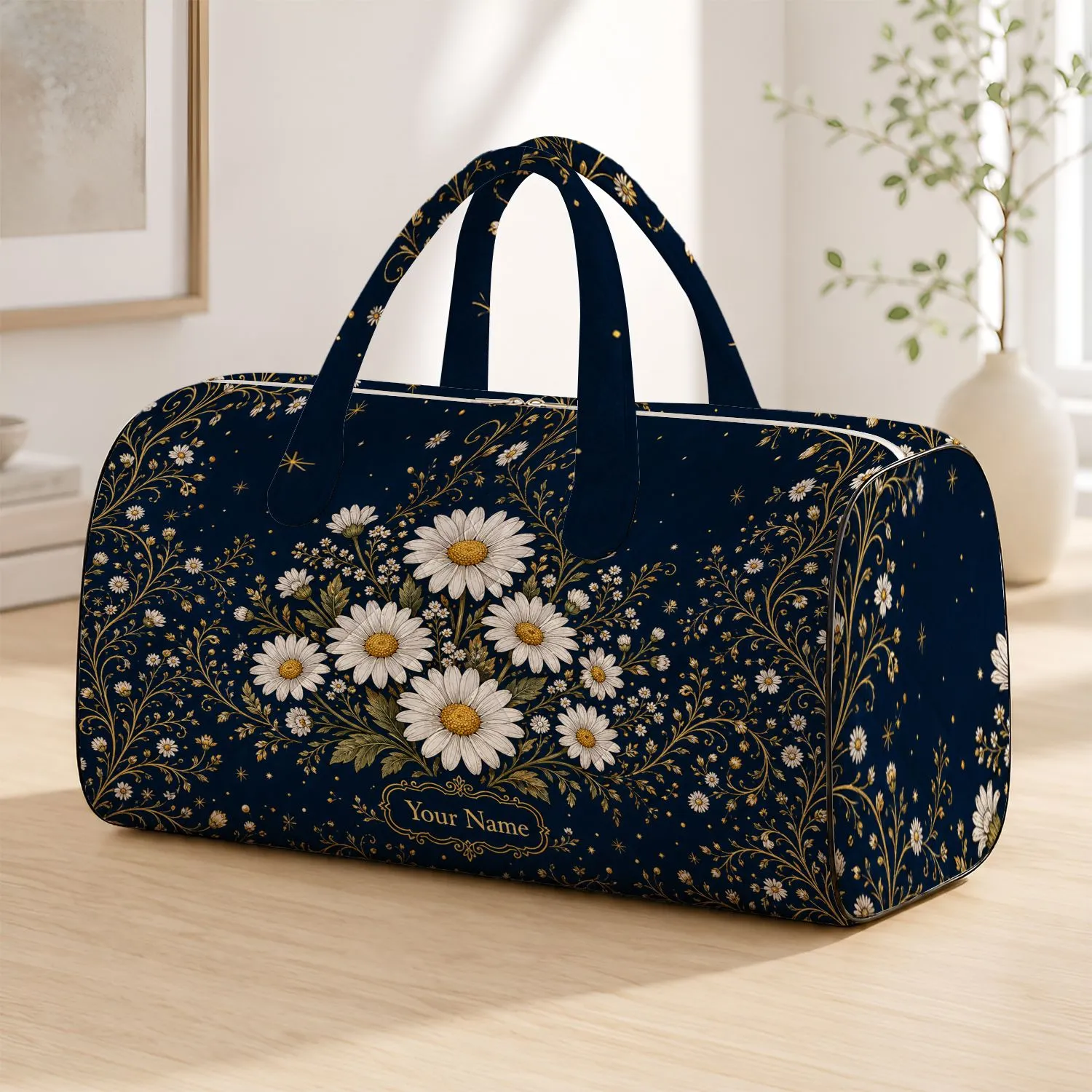 Midnight Navy Golden Vine Daisies For Elegant Travel Getaways And Floral Style Lovers Quilted Weekend Bag - 1
