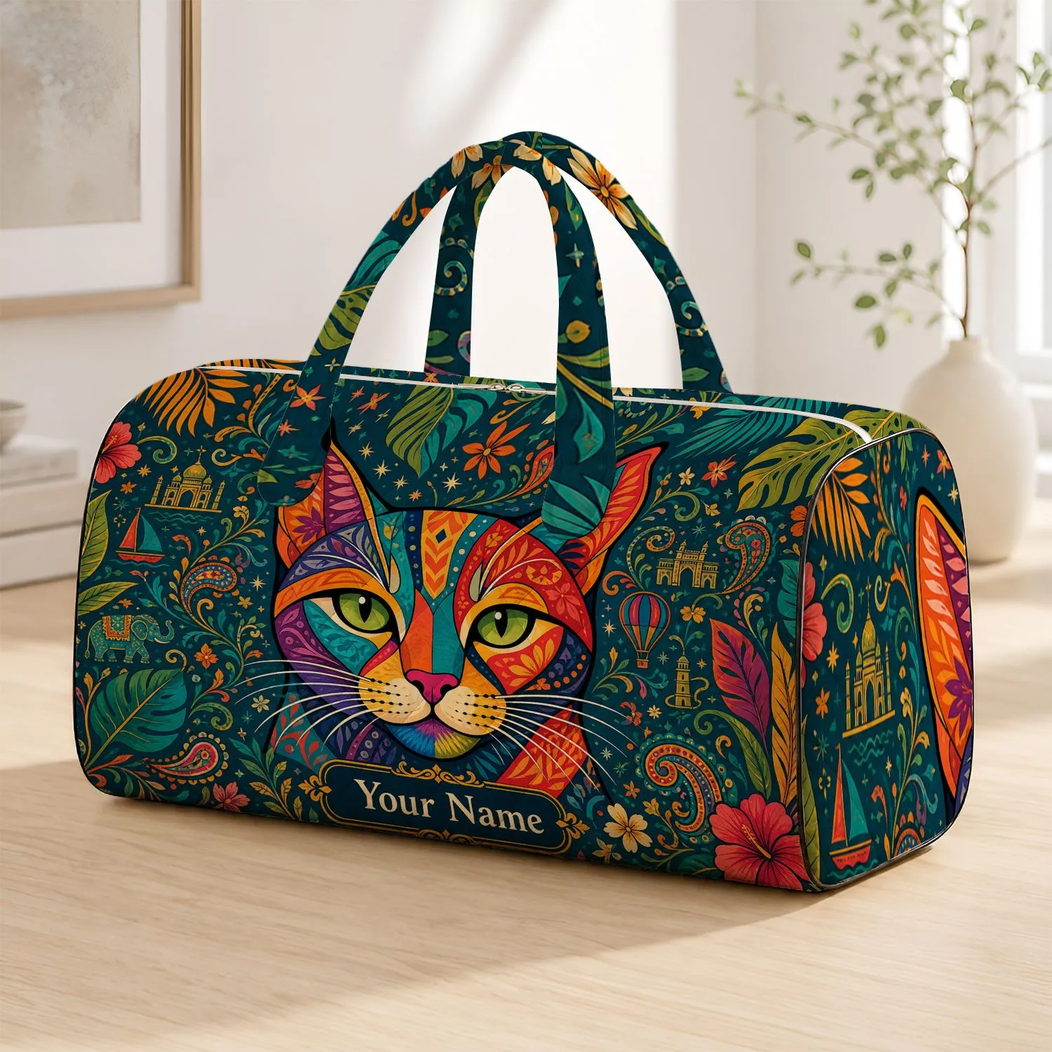 Vibrant Patchwork Cat Portrait With Teal Tropical Florals For Boho Getaways And Cat Lovers Quilted Weekend Bag - 1