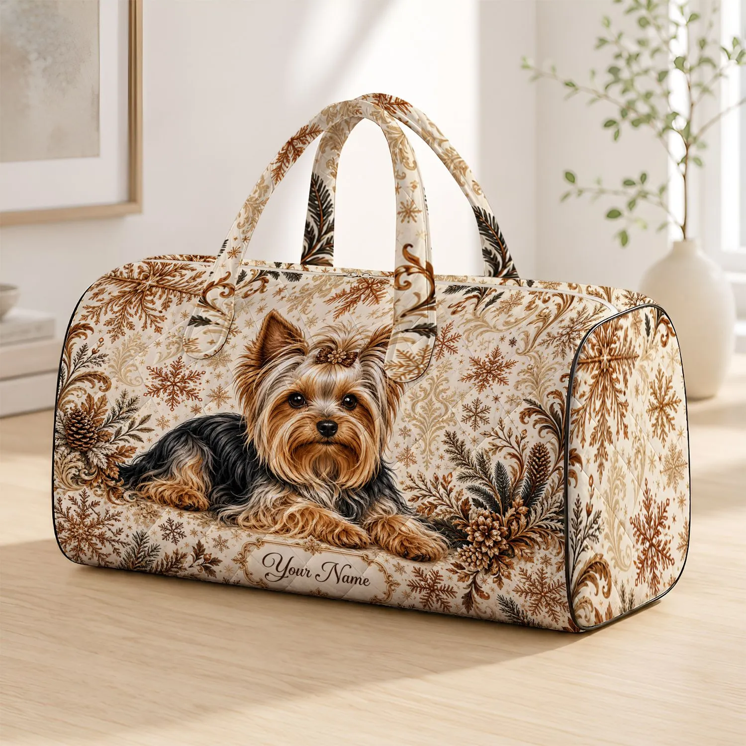 Winter Yorkshire Terrier Portrait With Copper Snowflakes For Holiday Travel Dog Moms Quilted Weekend Bag - 1