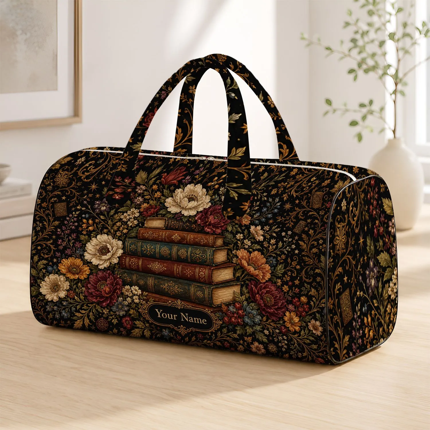 Vintage Library Books With Botanical Florals For Travel Reading Retreats And Book Lovers Quilted Weekend Bag - 1