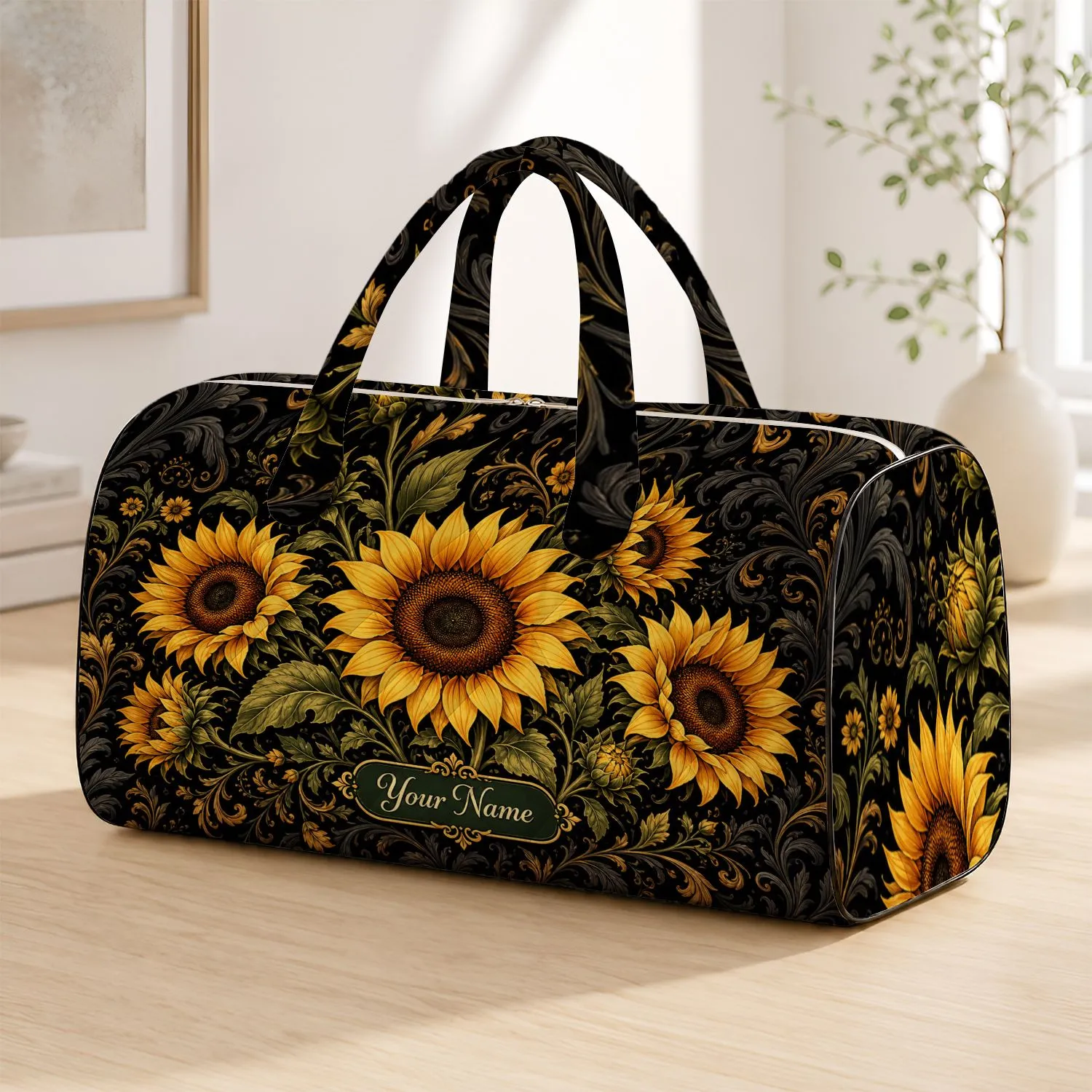 Golden Sunflower Black Baroque Florals For Beach Days Work Trips And Gifting For Her Quilted Weekend Bag - 1