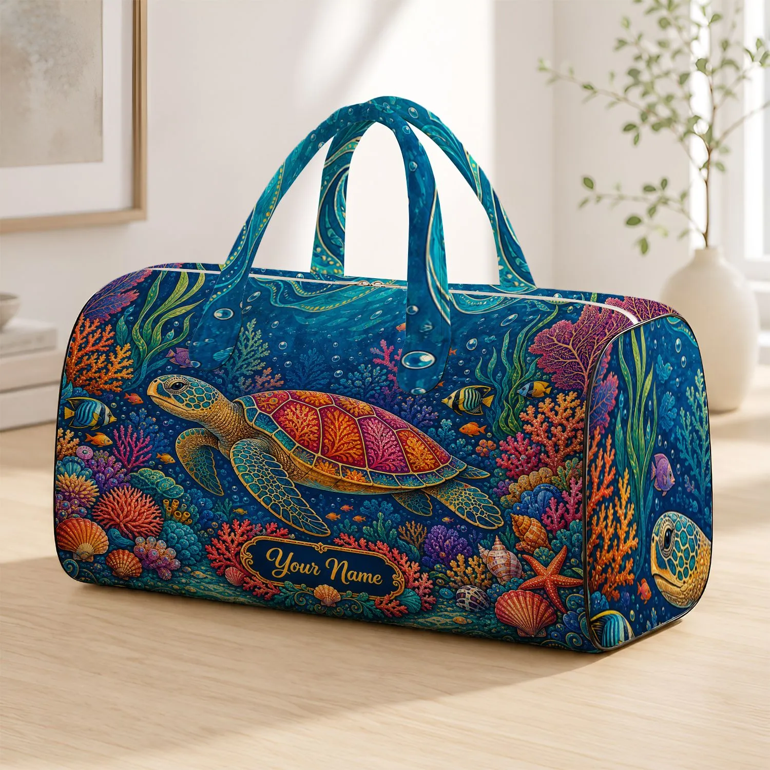 Vibrant Sea Turtle Reef With Name Plaque Tropical Ocean Beach Getaway Style For Women Quilted Weekend Bag - 1