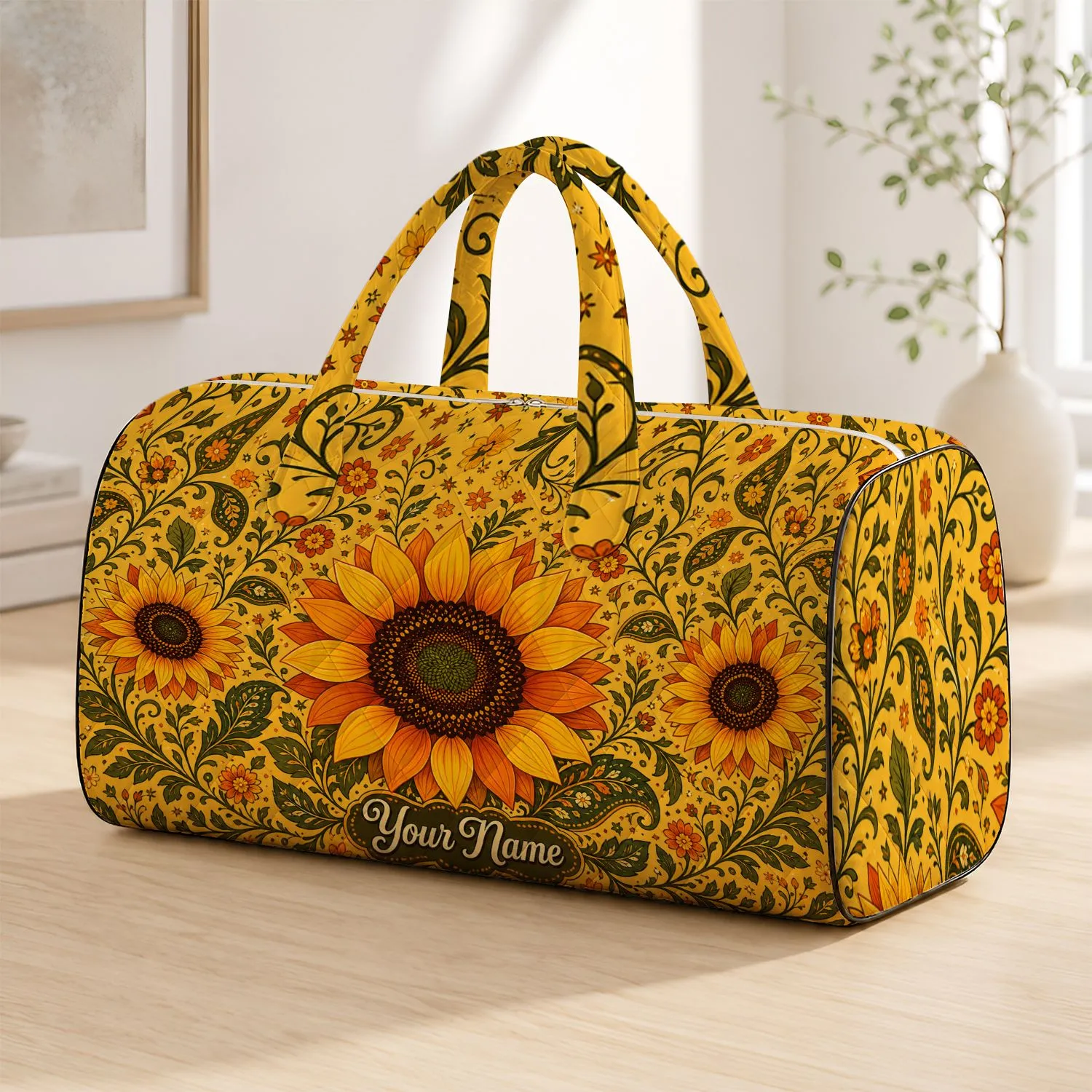Bohemian Sunflower Garden With Olive Vines For Summer Travel And Beach Days Style Quilted Weekend Bag - 1