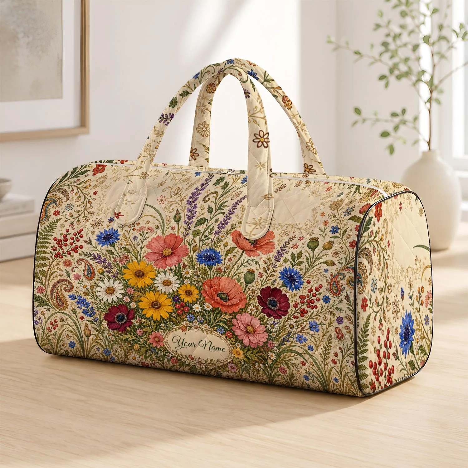 Rustic Bohemian Wild Meadow Florals On Cream For Holiday Travel Style For Women Gifts Quilted Weekend Bag - 1