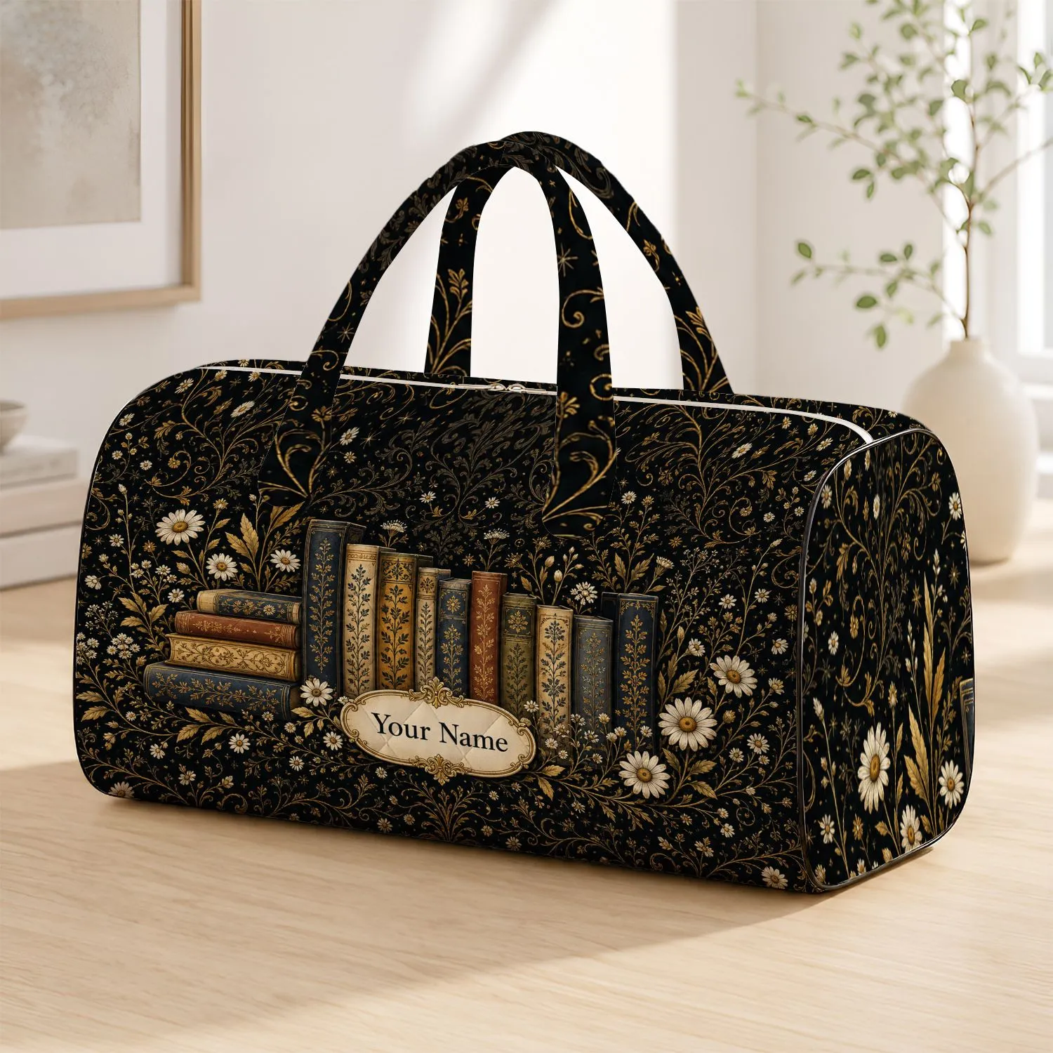 Vintage Books And Daisies On Black Botanical Literary Travel Style For Avid Readers Quilted Weekend Bag - 1