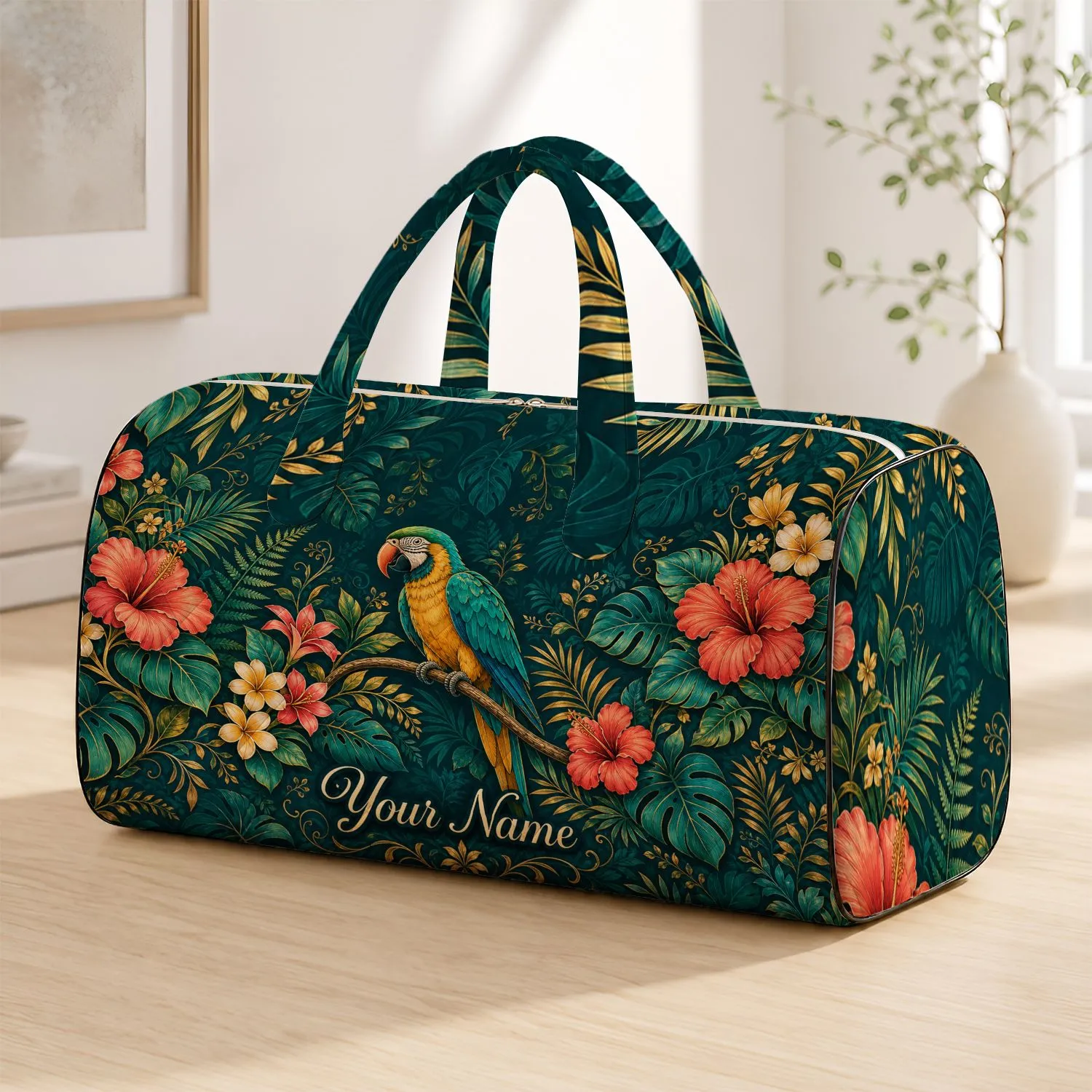 Jewel Tone Parrot With Hibiscus Tropical Resort Travel Style For Island Getaways Quilted Weekend Bag - 1