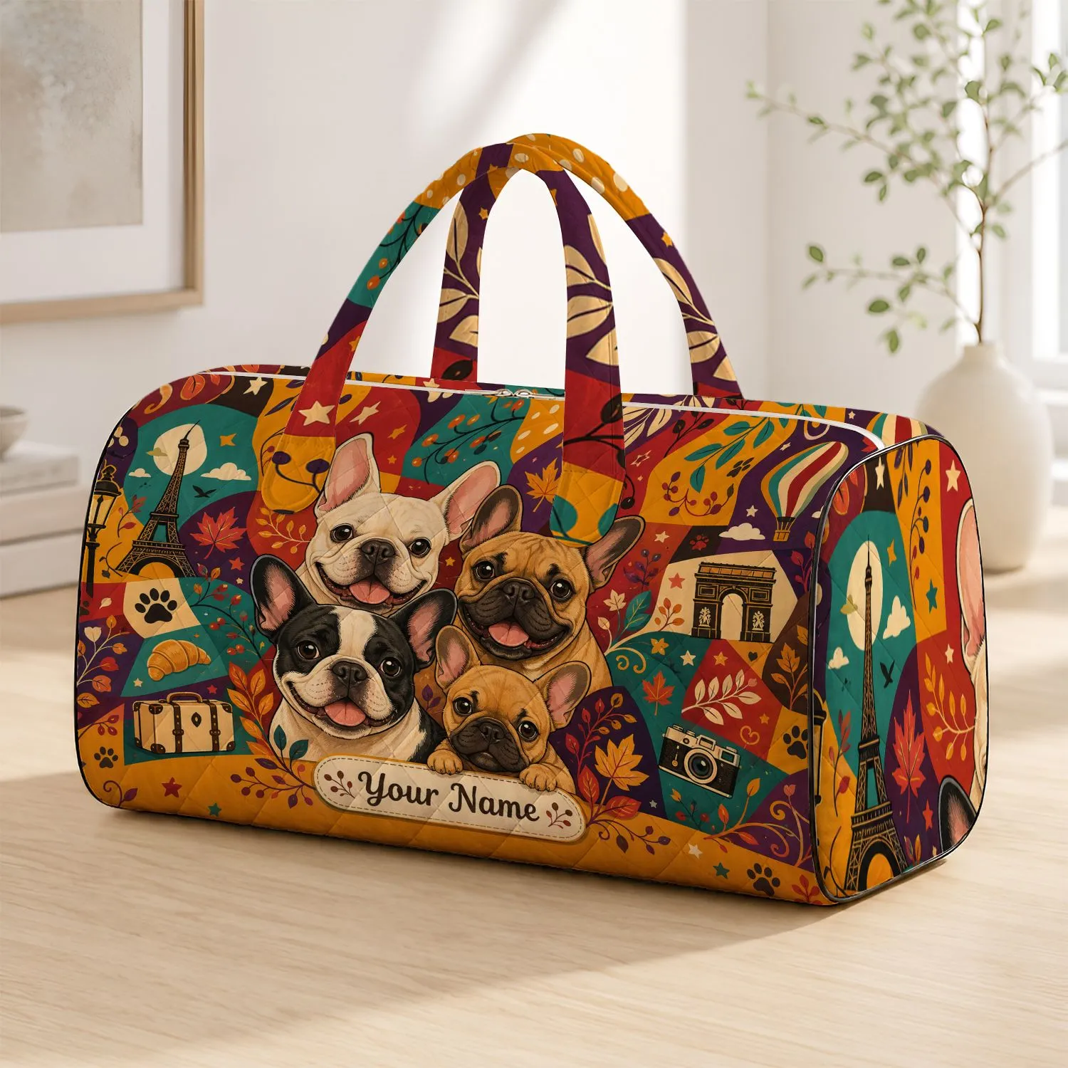French Bulldog Mosaic Portrait With Autumn Travel Vibes For Dog Moms And Pet Lovers Quilted Weekend Bag - 1