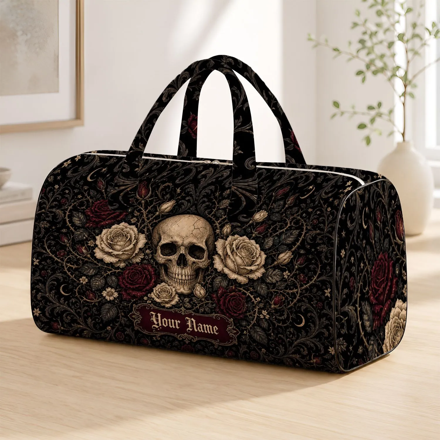 Gothic Skull And Ivory Roses Dark Botanical Memento Mori Travel Style Gift For Women Quilted Weekend Bag - 1