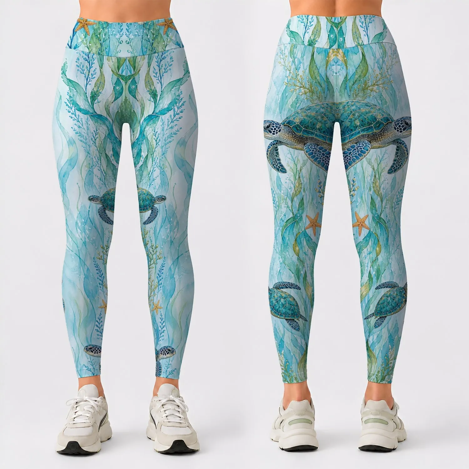 Sea Turtle Watercolor Ocean Wear For Coastal Travel Resort Days And Beach Getaways Leggings - 1