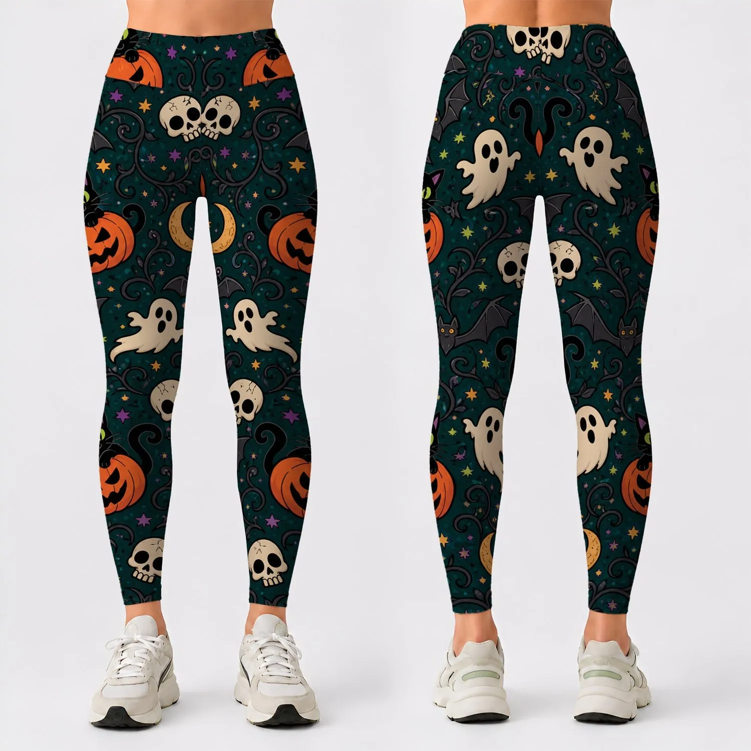Punk Spooky Jack O Lantern Cats, Bats And Ghosts For Halloween Party Outfit Fans Leggings - 1