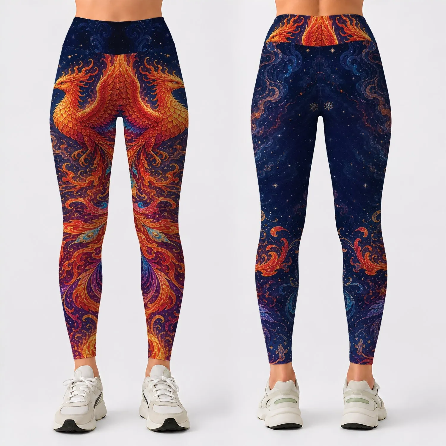 Vermilion Firebird Celestial Flame Motif For Yoga, Festivals And Fantasy Style Lovers Leggings - 1
