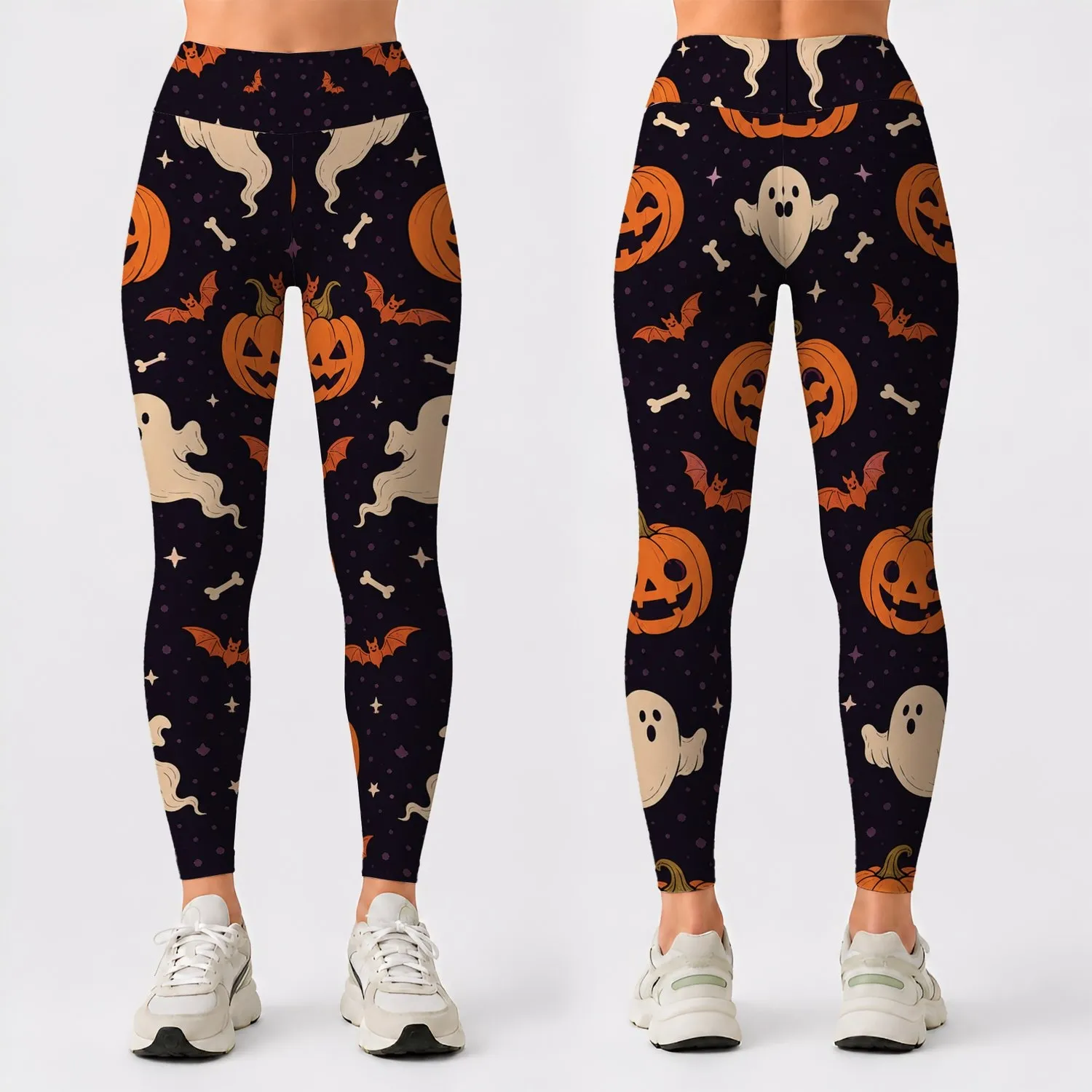 Cute Jack O Lantern Ghost Bat And Bone Motifs For Halloween Party Outfit Style Lovers Leggings - 1