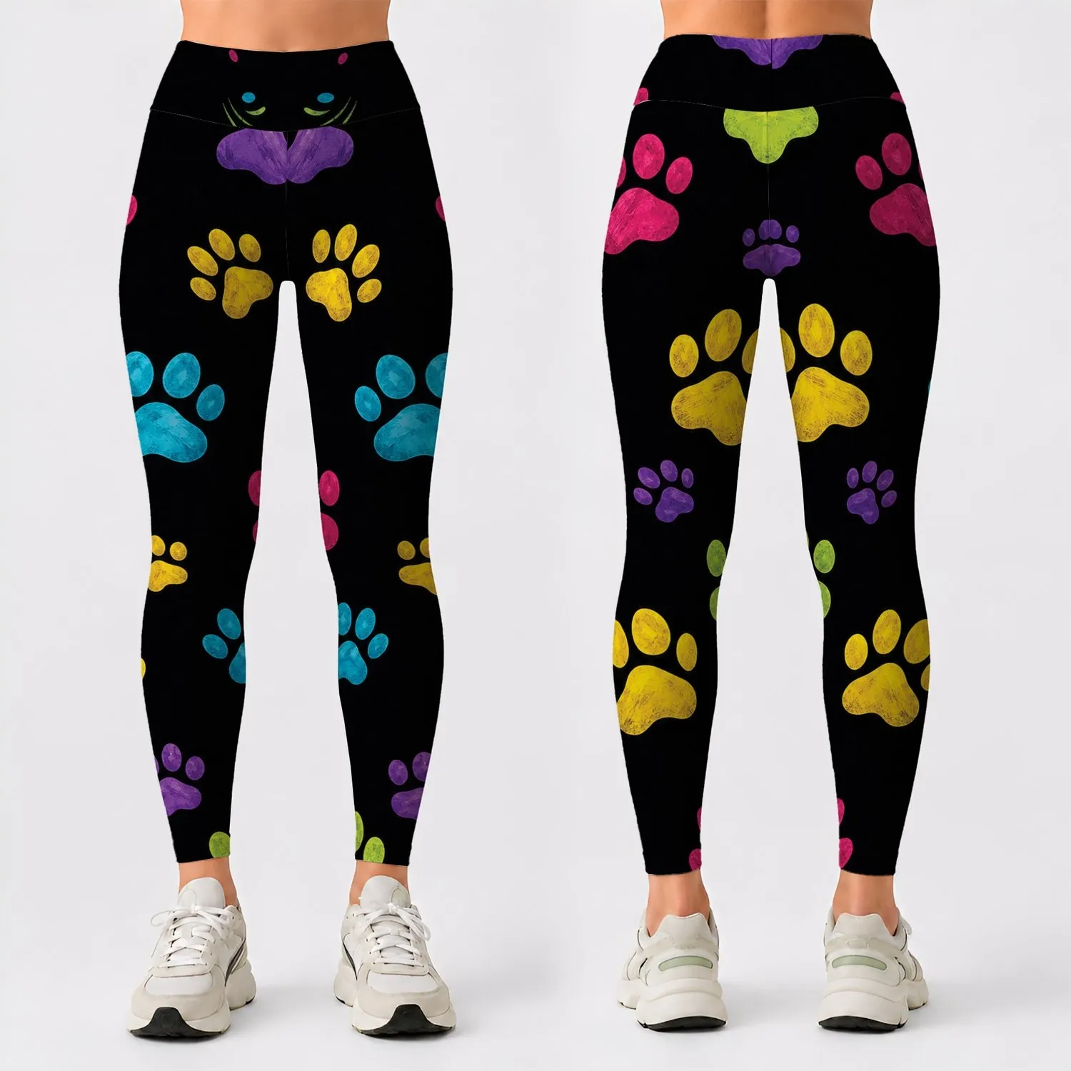 Colorful Jewel Tone Paw Prints For Dog Lovers High Waist Gym Yoga Daily Active Wear Leggings - 1