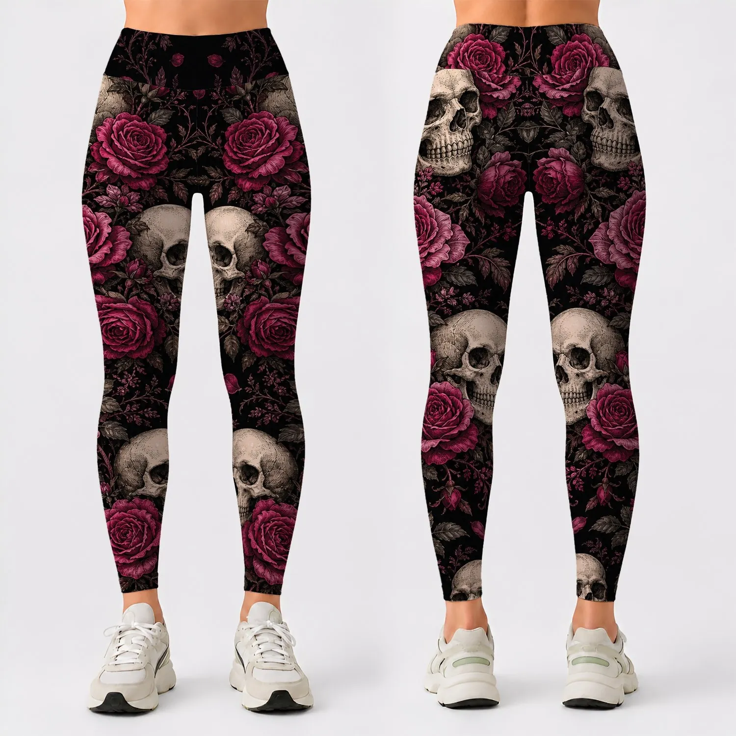 Ivory Skull And Wine Rose Gothic Botanical For Halloween Alternative Fashion Lovers Leggings - 1