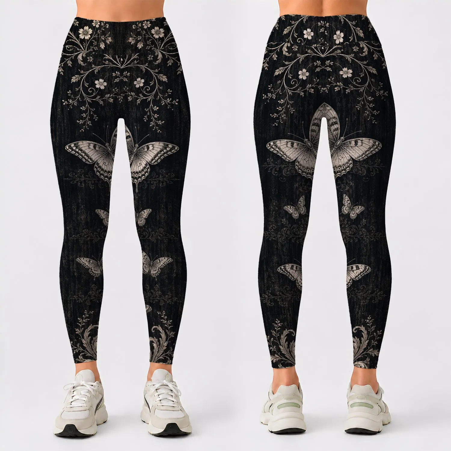 Vintage Botanical Butterfly Motifs For Gothic Everyday Outfits And Dark Academia Style Leggings - 1