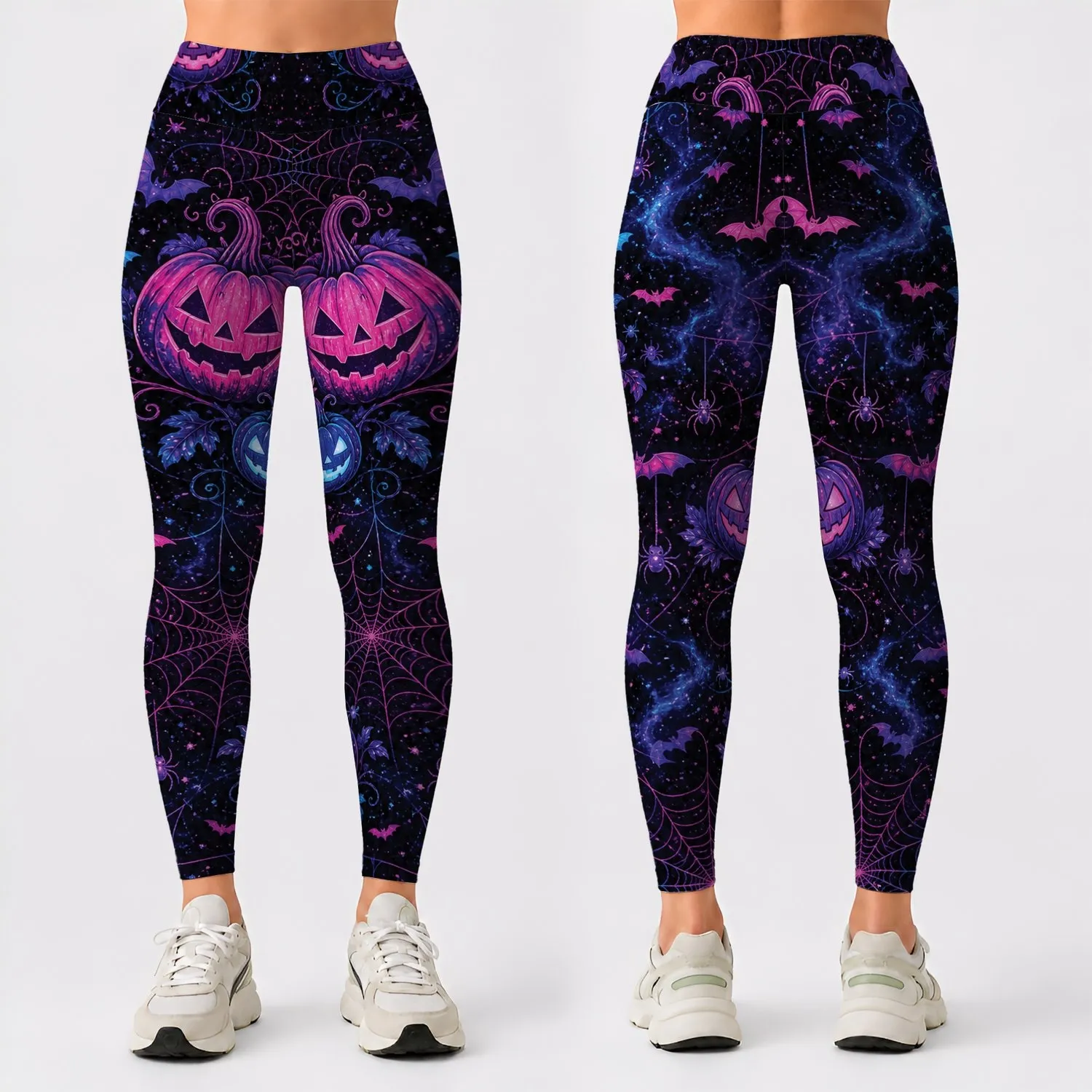 Neon Jack O Lantern Bats And Spiderwebs For Halloween Parties And Gothic Outfits Leggings - 1