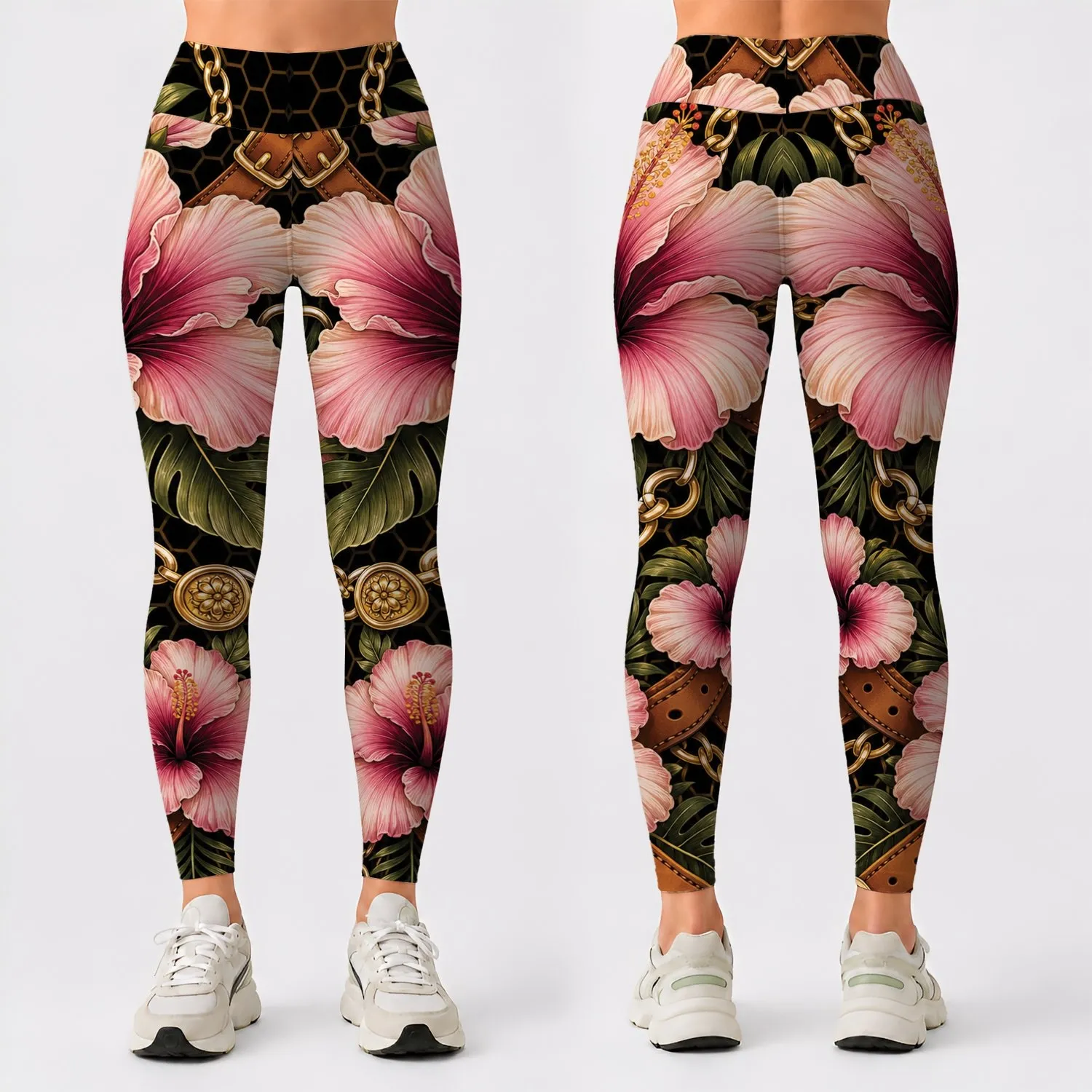 Black Hibiscus Gold Chain Motif For Resort Travel, Evening Wear And Statement Style Leggings - 1
