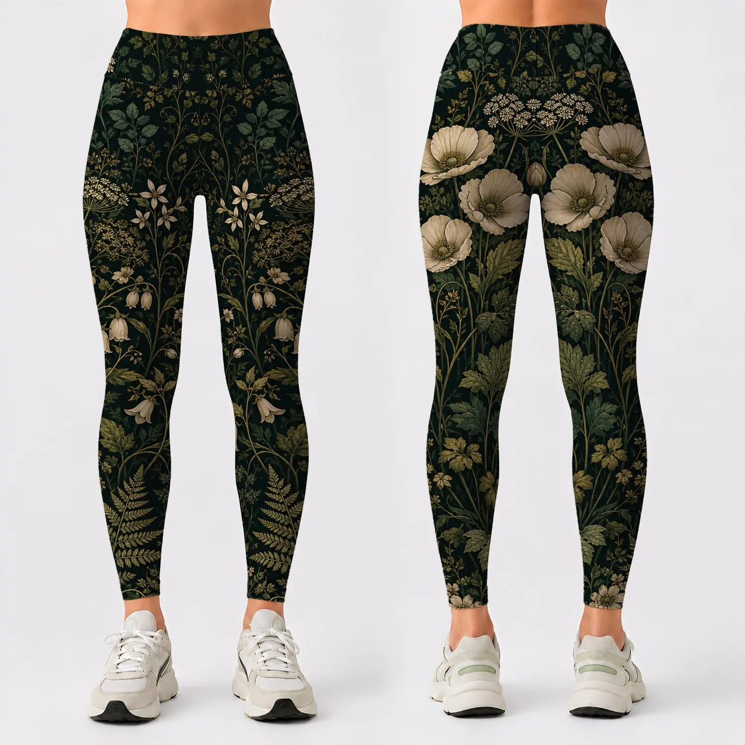 Dark Green Botanical Wildflower Garden Cottagecore Yoga Wear For Women Nature Lovers Leggings - 1