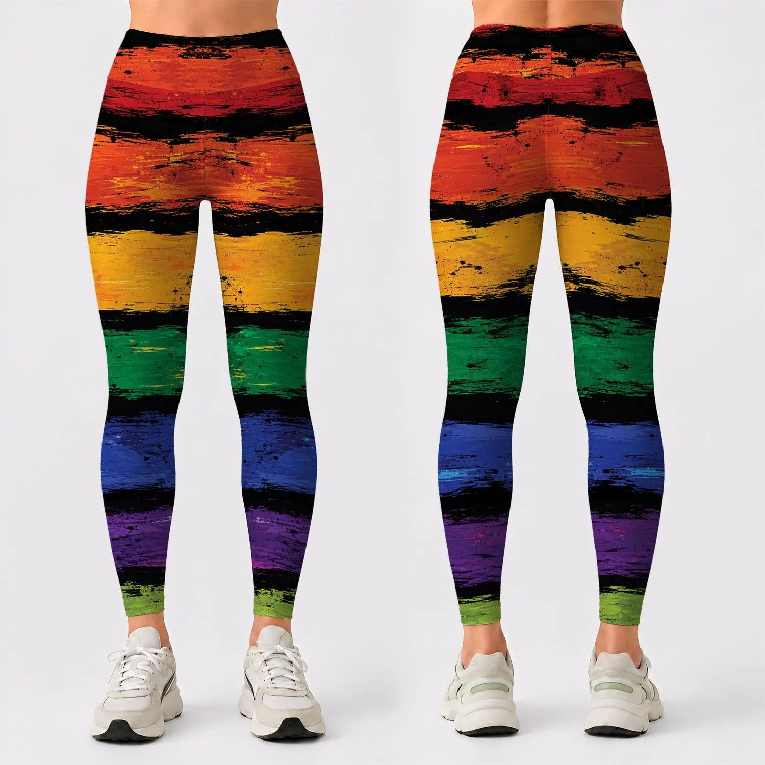 Abstract Rainbow Brushstroke Color Block Streetwear For Yoga Workouts And Festivals Leggings - 1