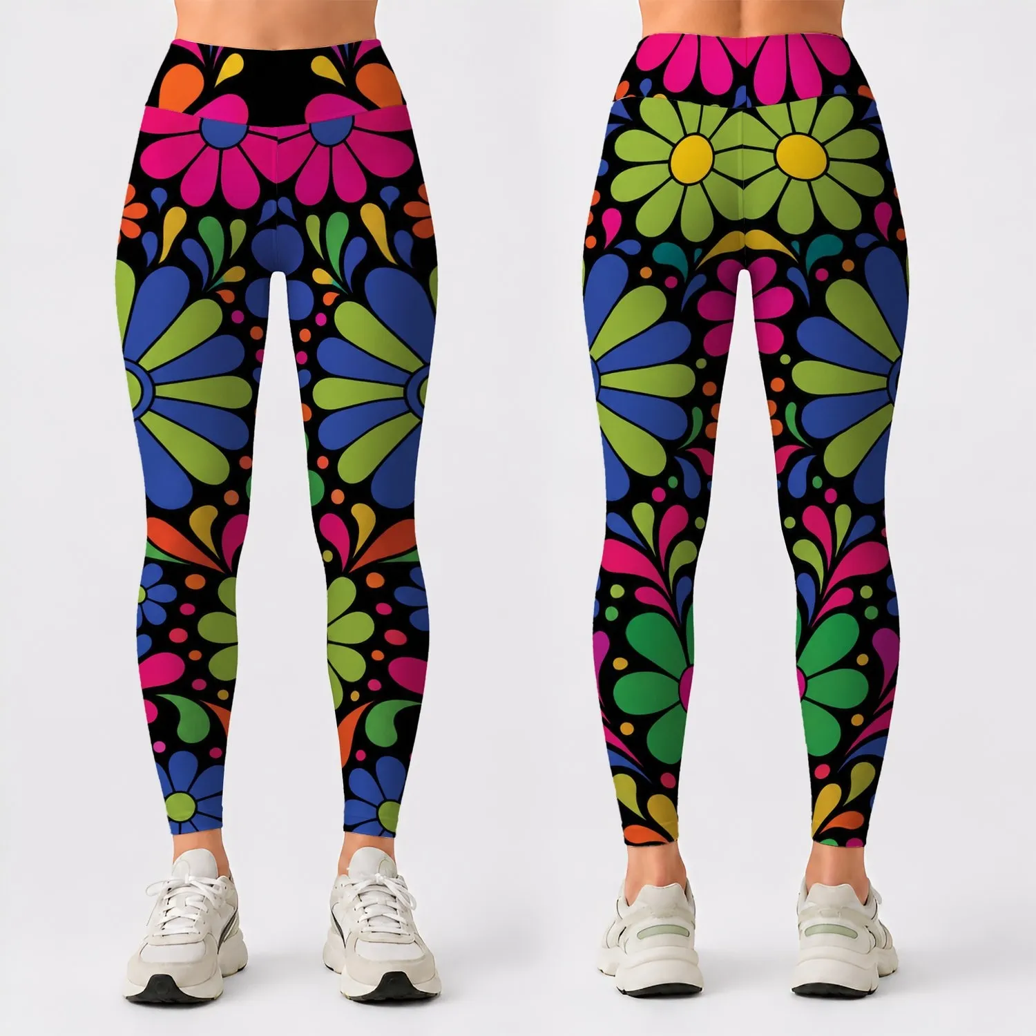 Retro Mod Daisy Floral Activewear for Women, Yoga Gym Running and Festival Style Leggings - 1